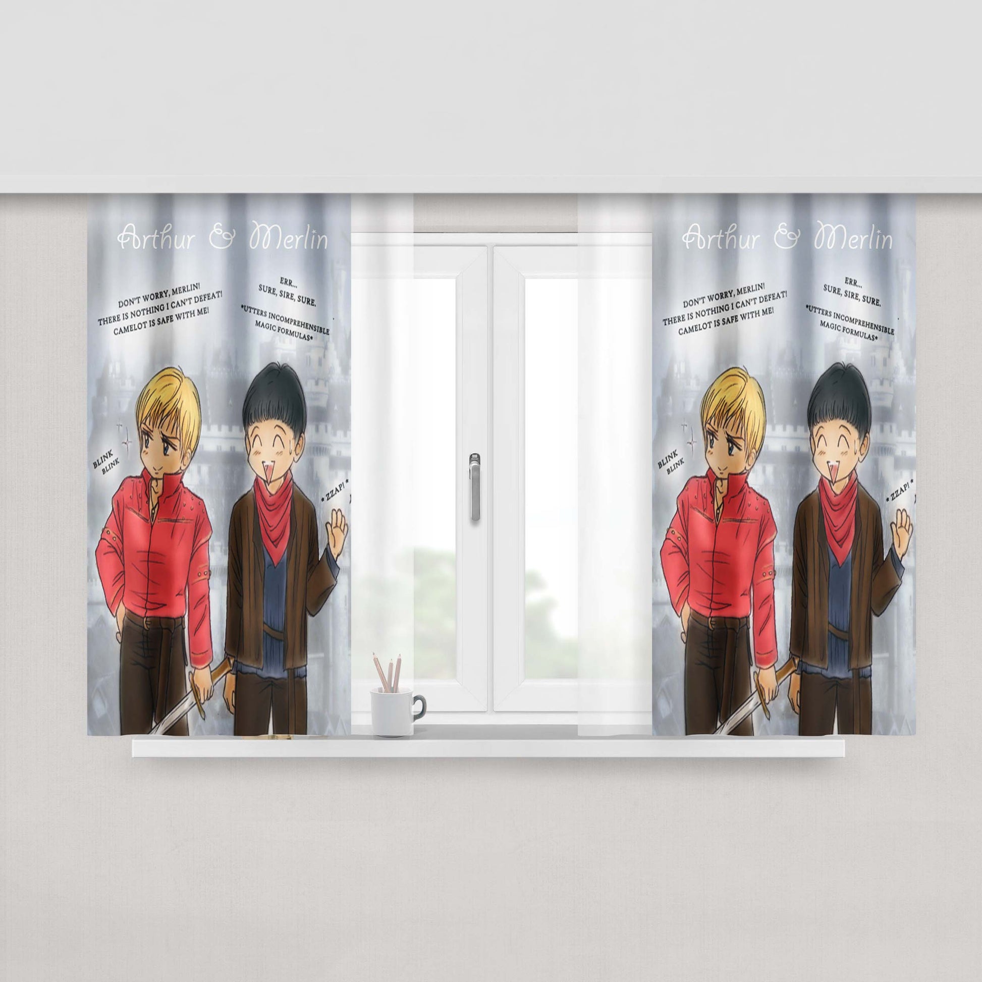 Arthur And Merlin Cute Characters Peach Skin Window Curtains