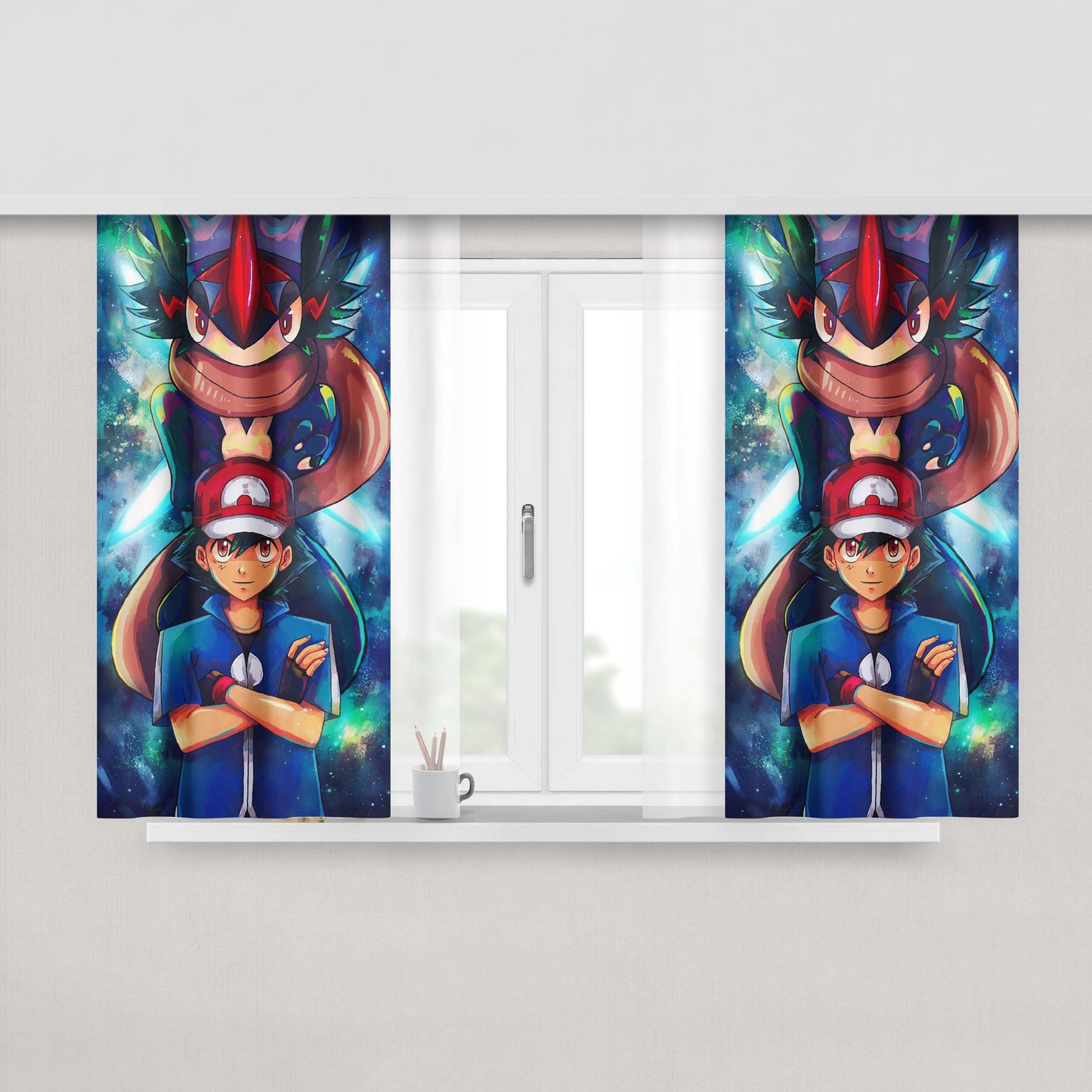Ash Greninja Pocket Monsters Peach Skin Window Curtains