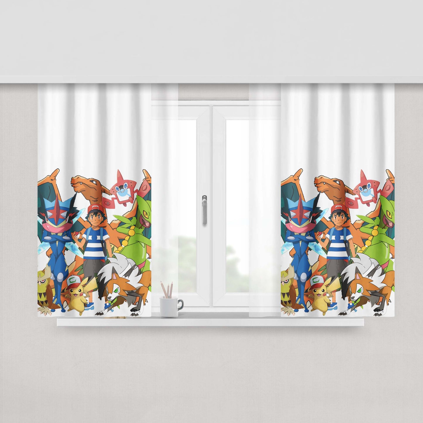 Ash Ketchum With Pokemon Collections Peach Skin Window Curtains