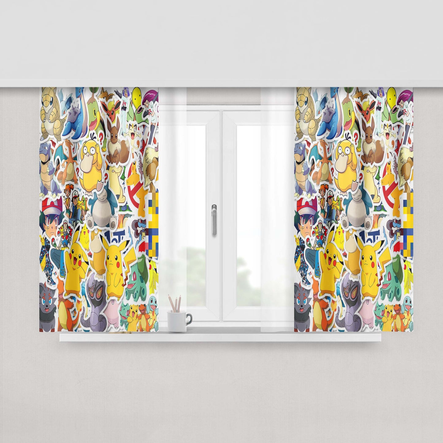Ash R Team And Many Pokemon Sticker Peach Skin Window Curtains