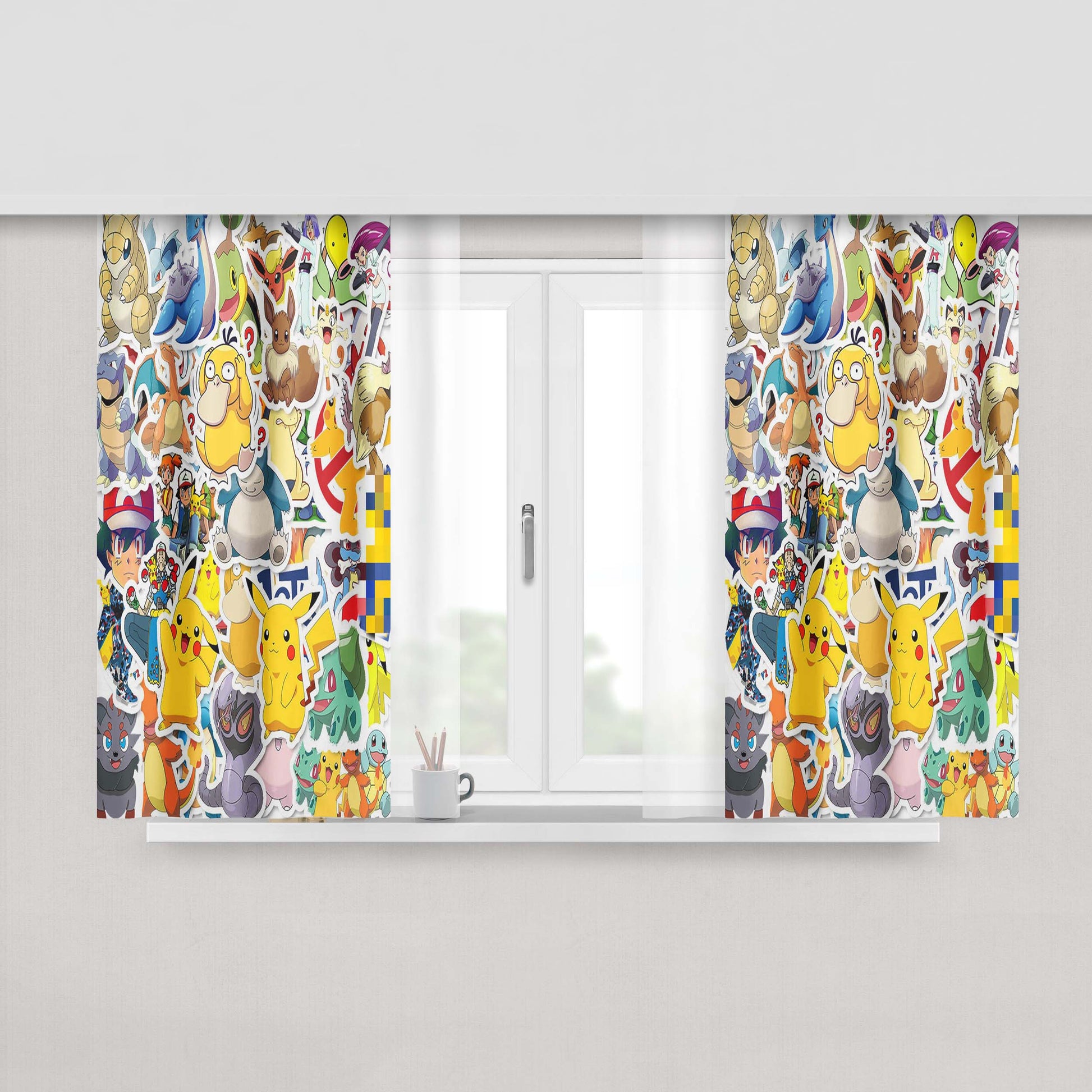 Ash R Team And Many Pokemon Sticker Peach Skin Window Curtains