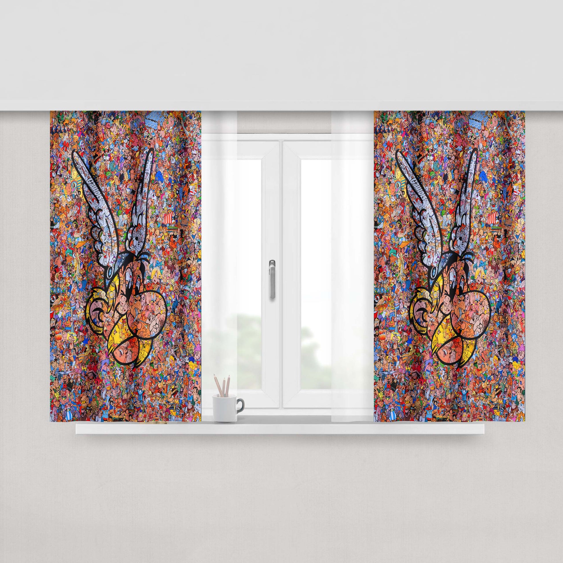 Asterix Cartoon Collage Garcin Peach Skin Window Curtains