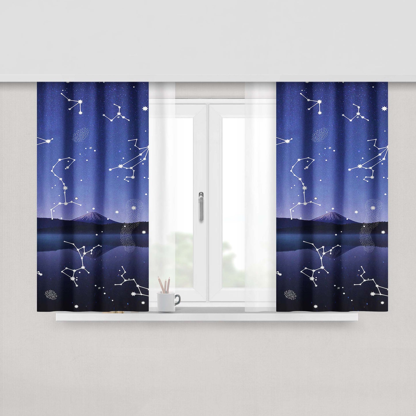 Astronomy Star Gazing X Mountain Lake Peach Skin Window Curtains