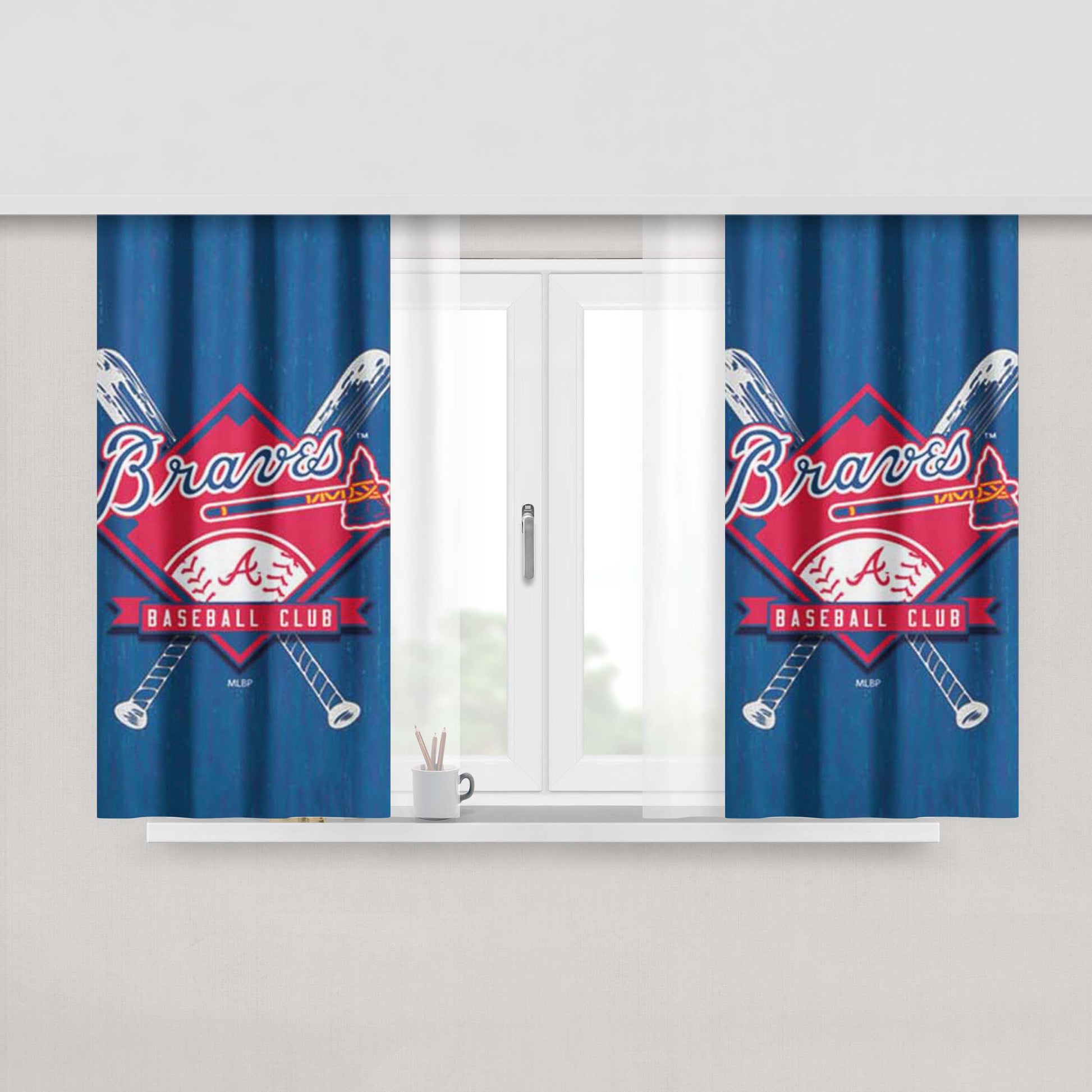 Atlanta Braves Logo On Wood Peach Skin Window Curtains