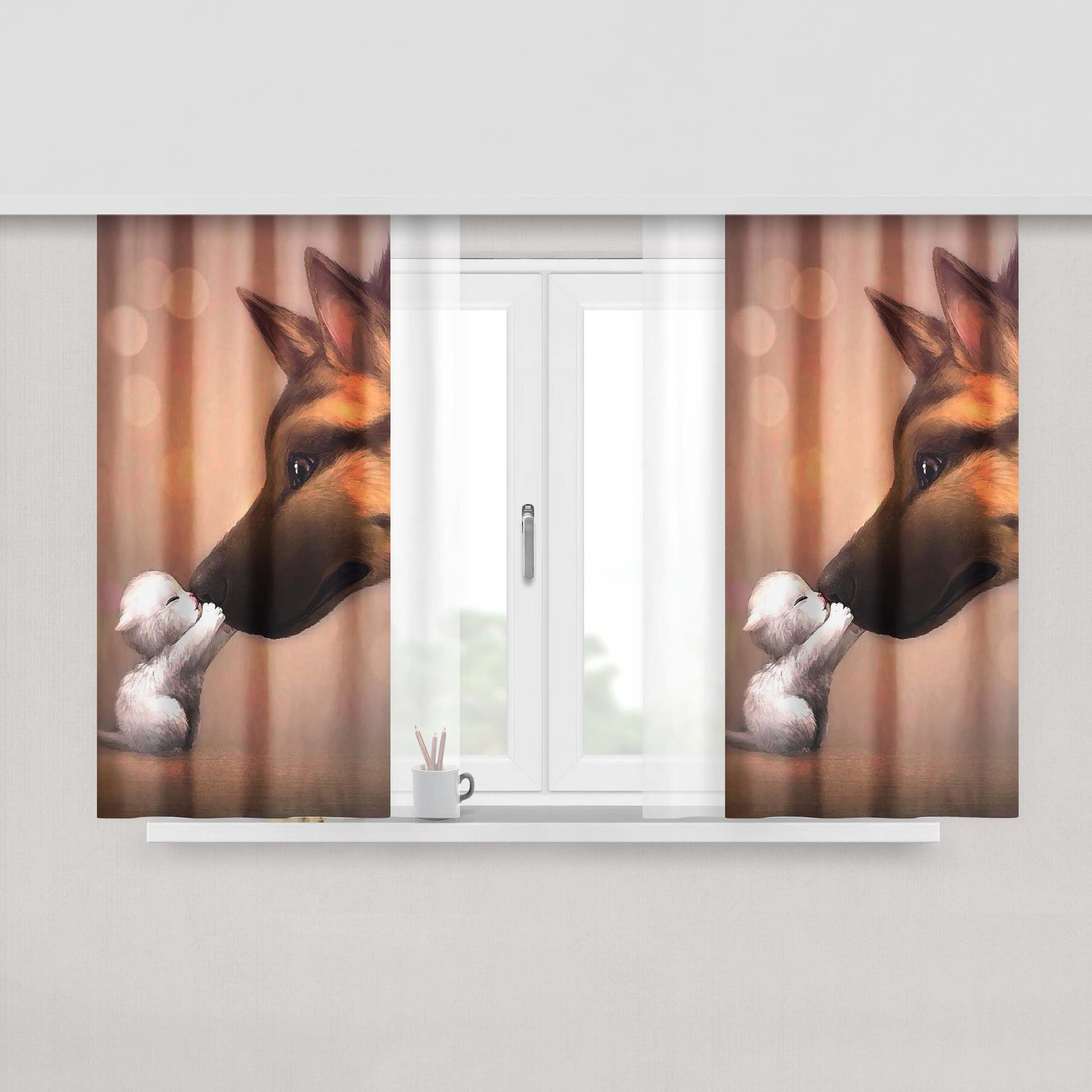 Baby Cat And Dog Illustrator Peach Skin Window Curtains