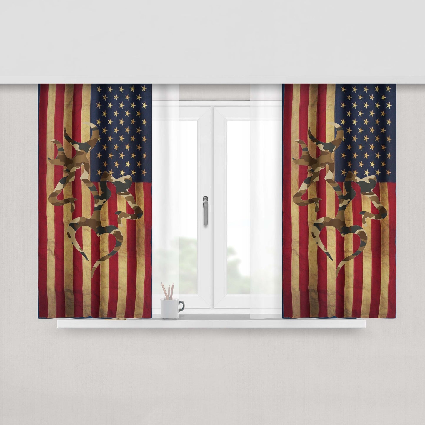 Browning Deer Realtree Camo Vintage Usa Flag Peach Skin Window Curtains