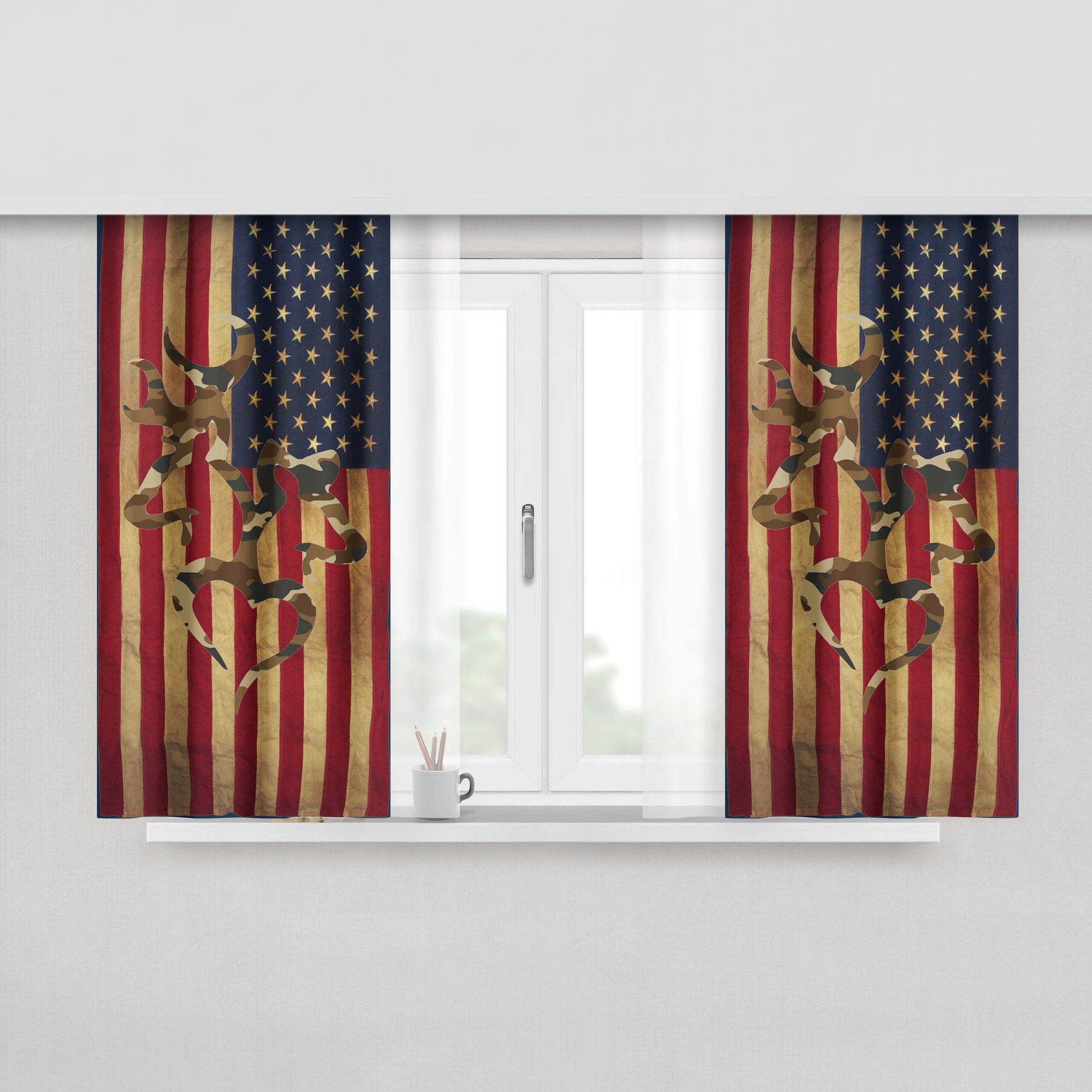 Browning Deer Realtree Camo Vintage Usa Flag Peach Skin Window Curtains