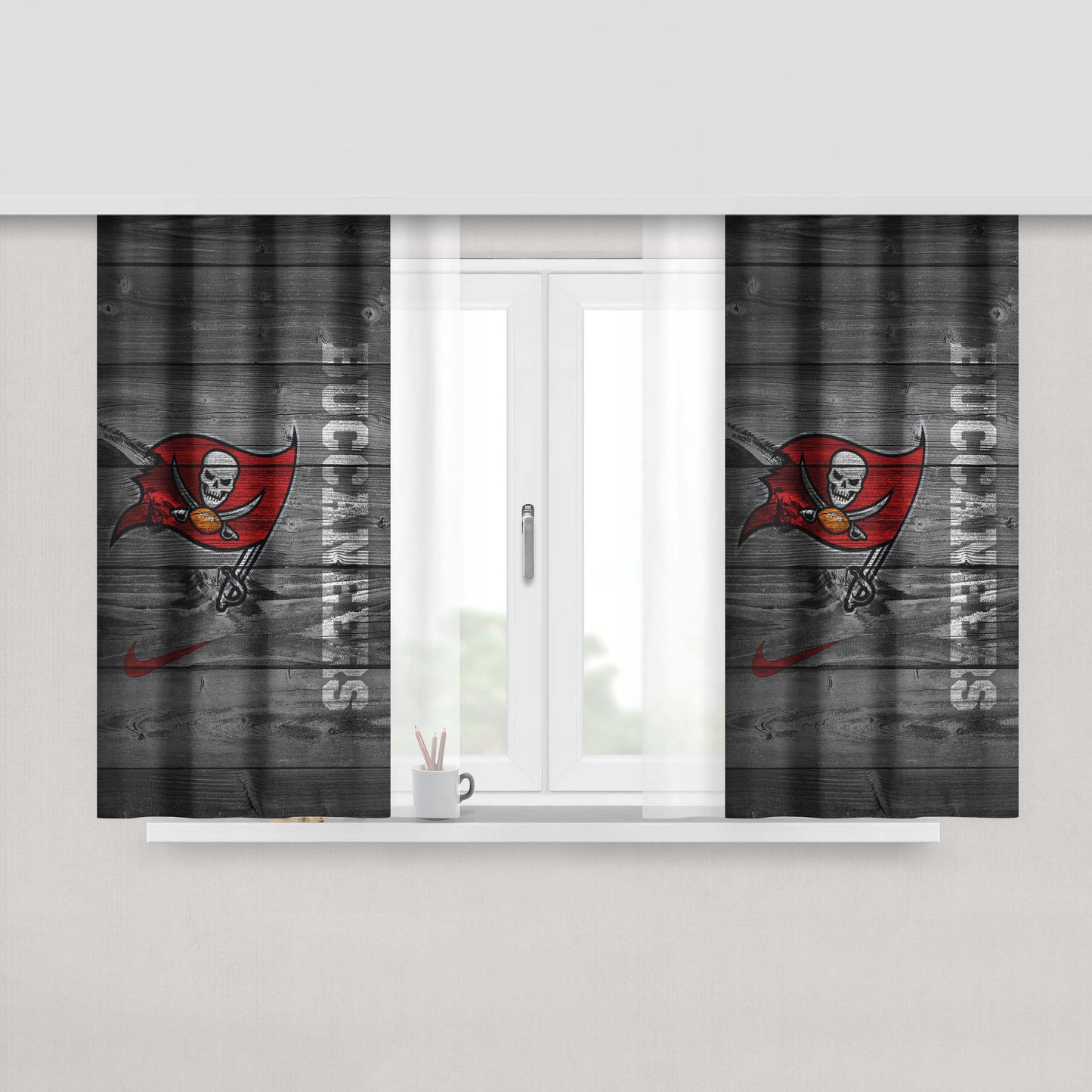 Buccaneers Logo Dark Wood Wallpaper Peach Skin Window Curtains