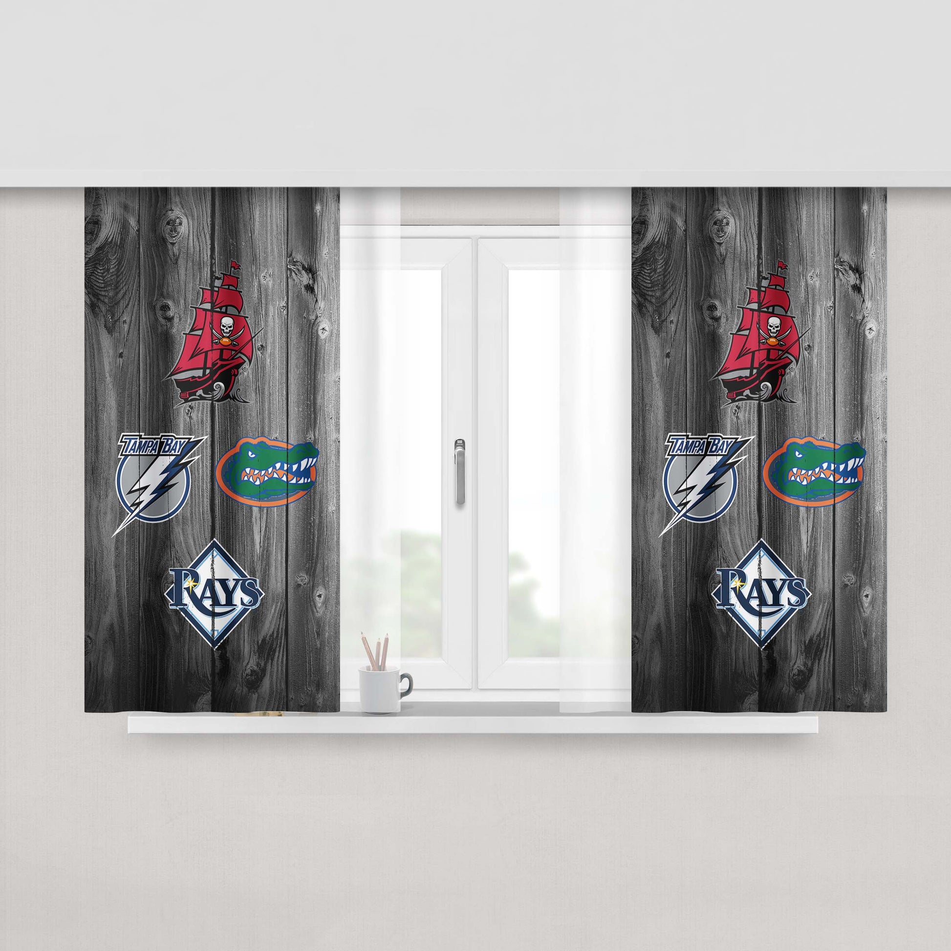 Bucs Rays Lightning Gators Logo Dark Wood Wallpaper Peach Skin Window Curtains