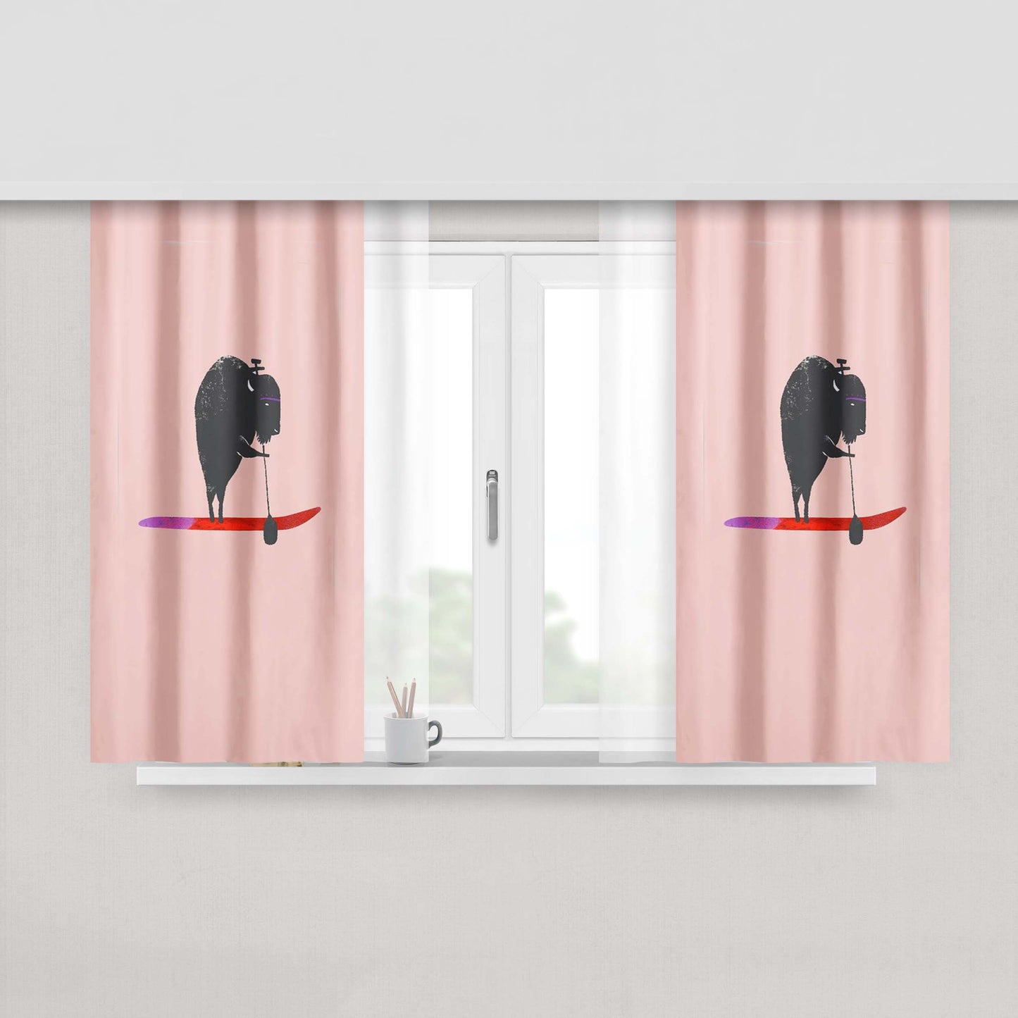 Buffalo Paddle Board Animal Beach West Coast Camping Peach Skin Window Curtains