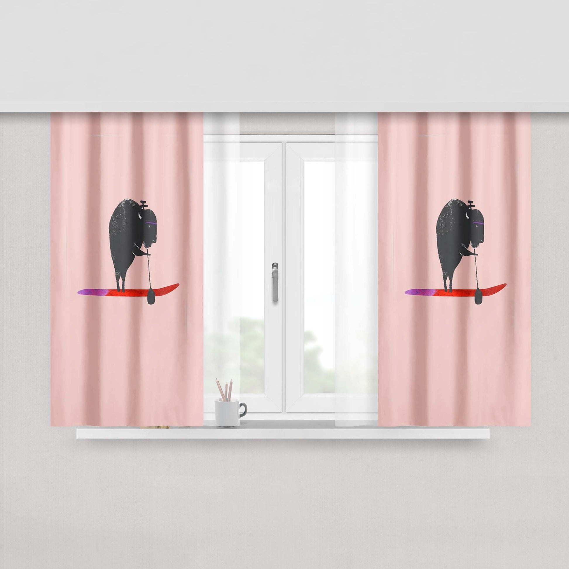 Buffalo Paddle Board Animal Beach West Coast Camping Peach Skin Window Curtains