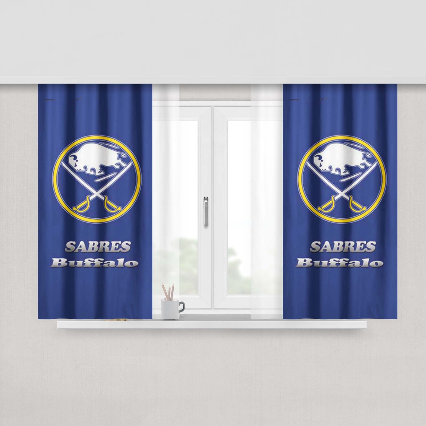 Buffalo Sabres Logo On Blue Peach Skin Window Curtains
