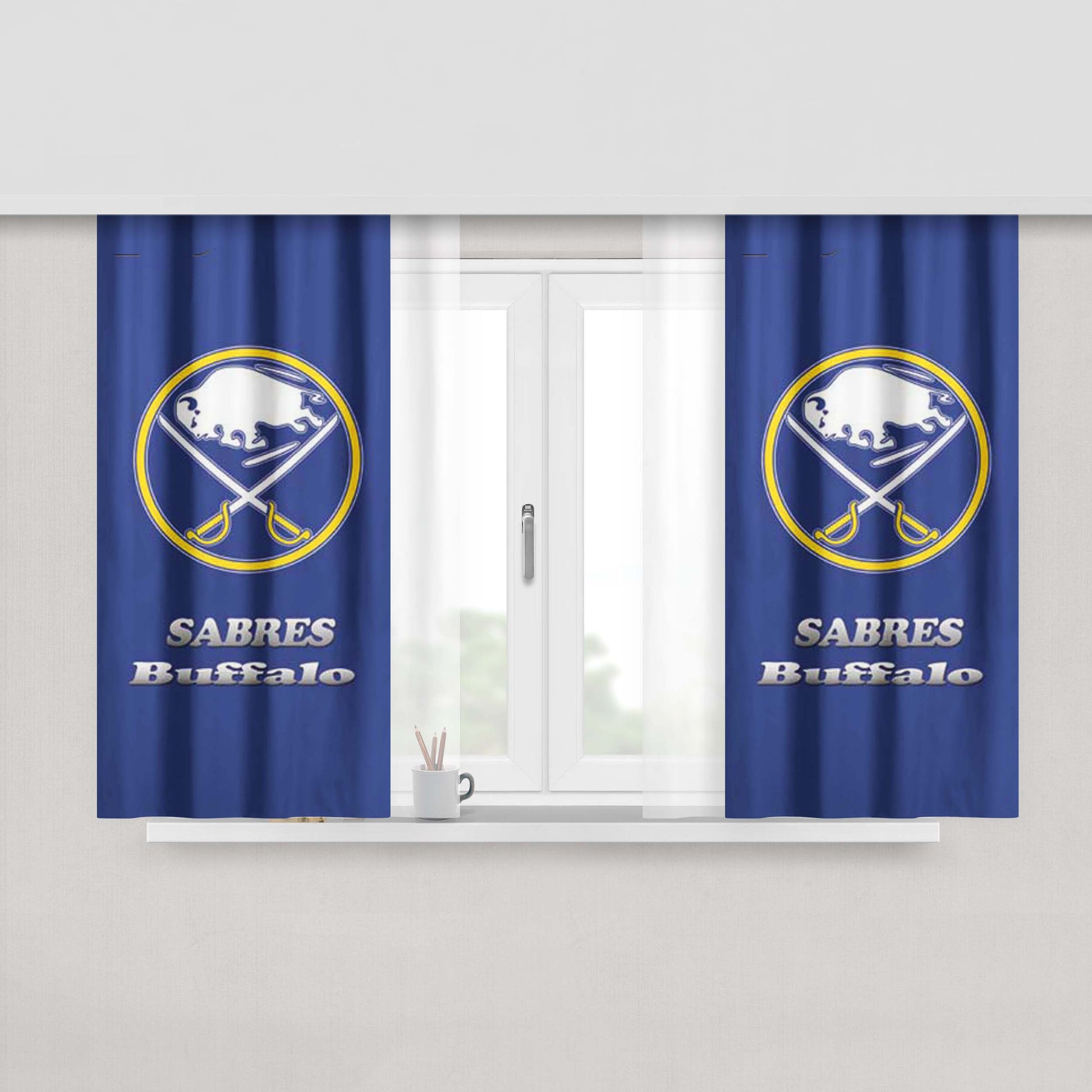 Buffalo Sabres Logo On Blue Peach Skin Window Curtains