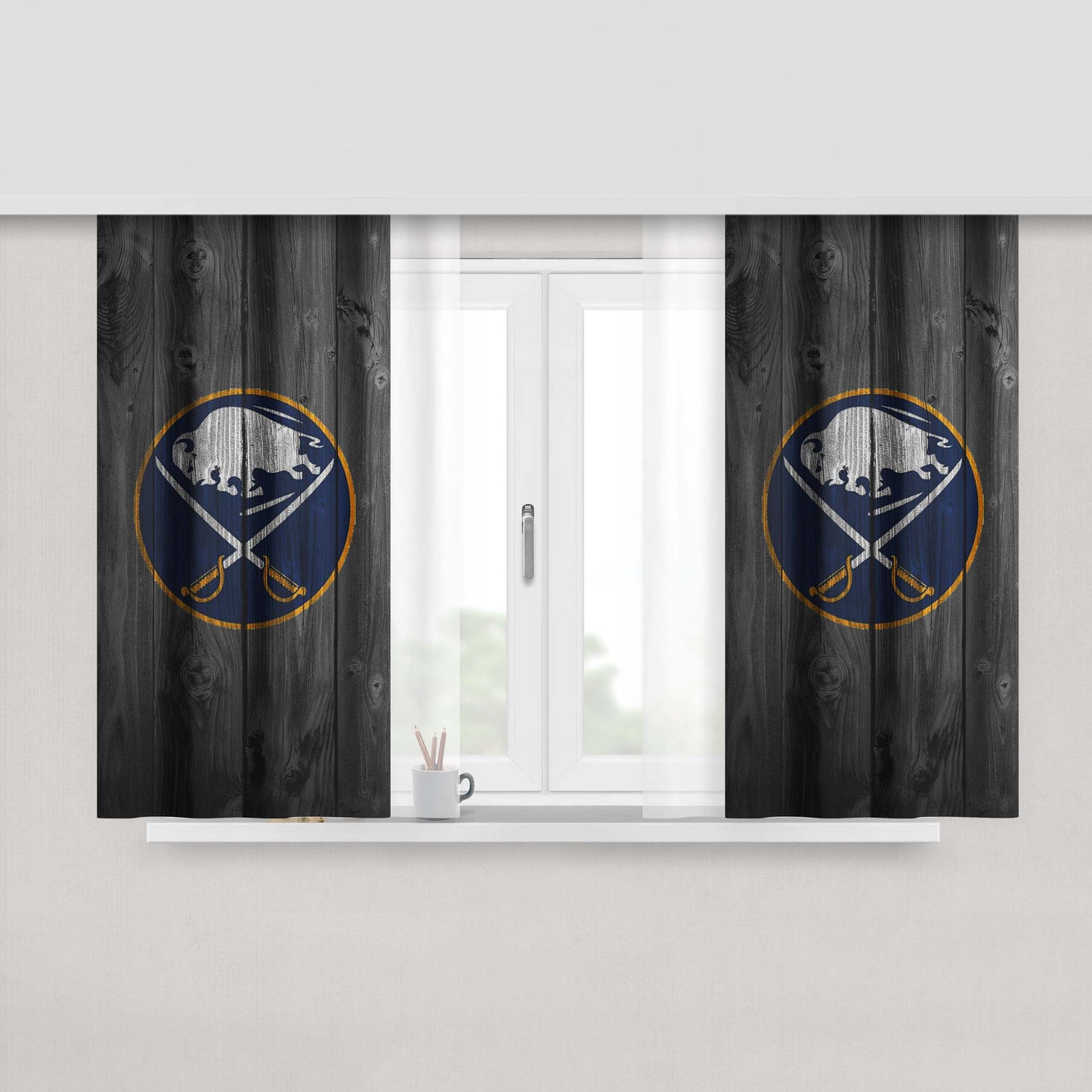 Buffalo Sabres Nhl Logo Dark Wood Wallpaper Peach Skin Window Curtains