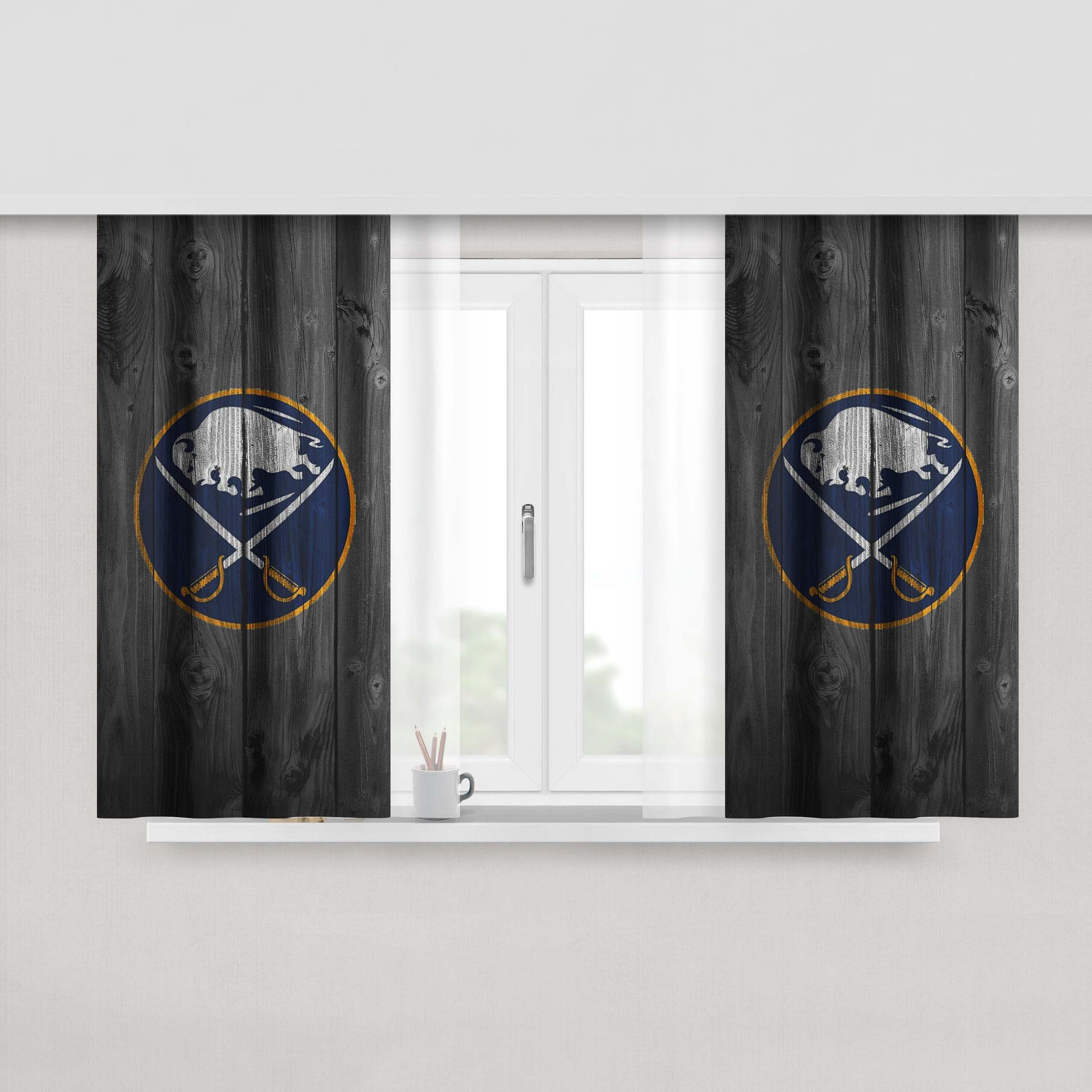 Buffalo Sabres Nhl Logo Dark Wood Wallpaper Peach Skin Window Curtains