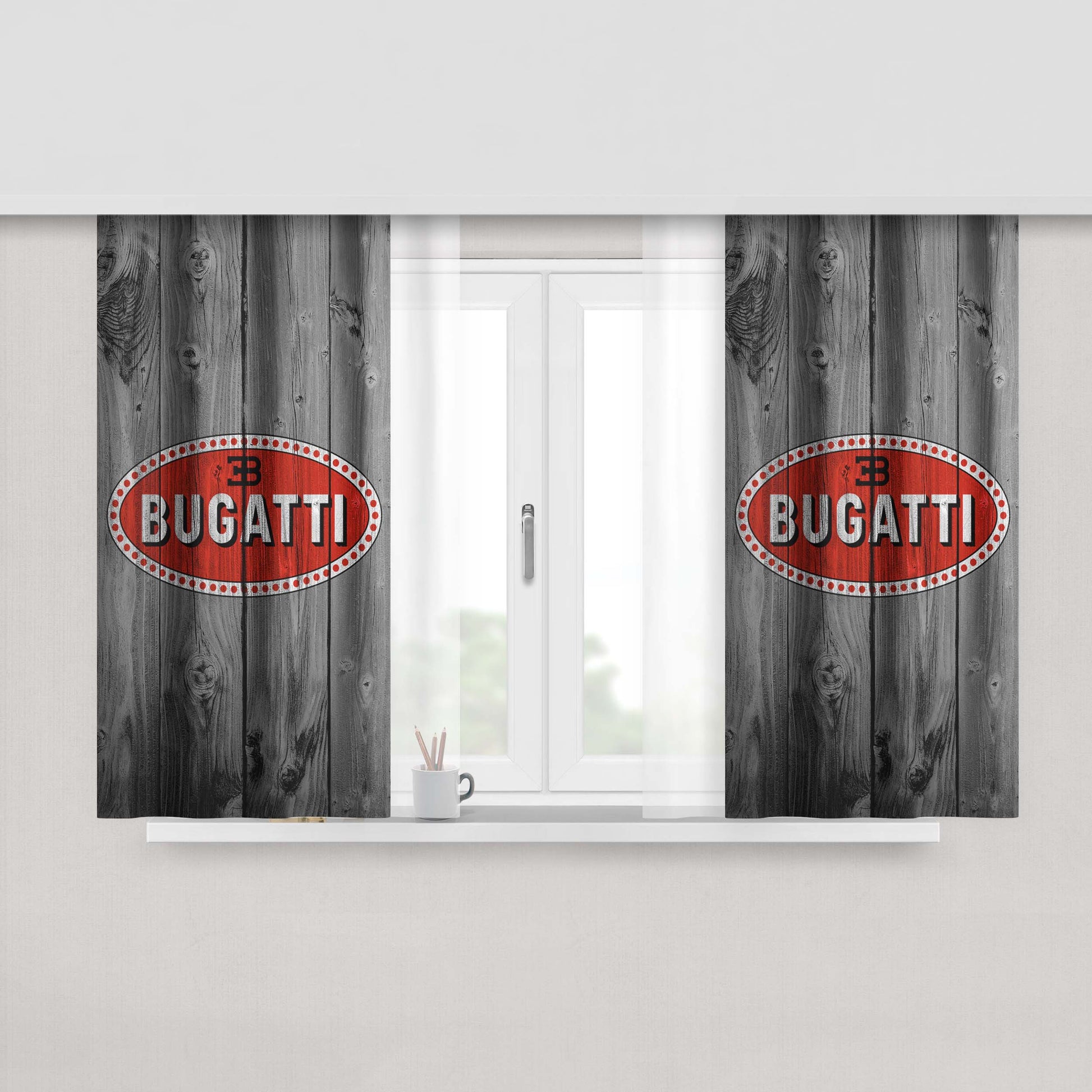 Bugatti Car Logo Dark Wood Wallpaper Peach Skin Window Curtains