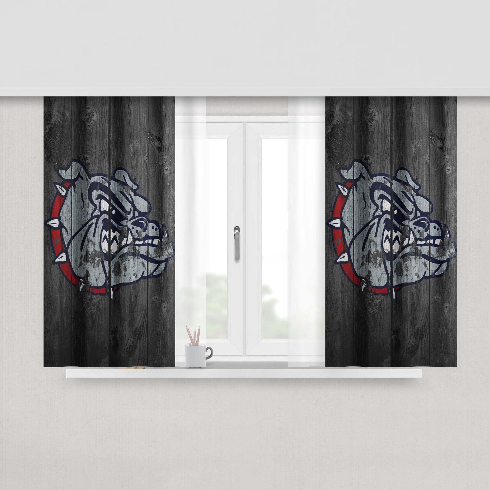 Bulldog Gonzaga University Logo Dark Wood Wallpaper Peach Skin Window Curtains