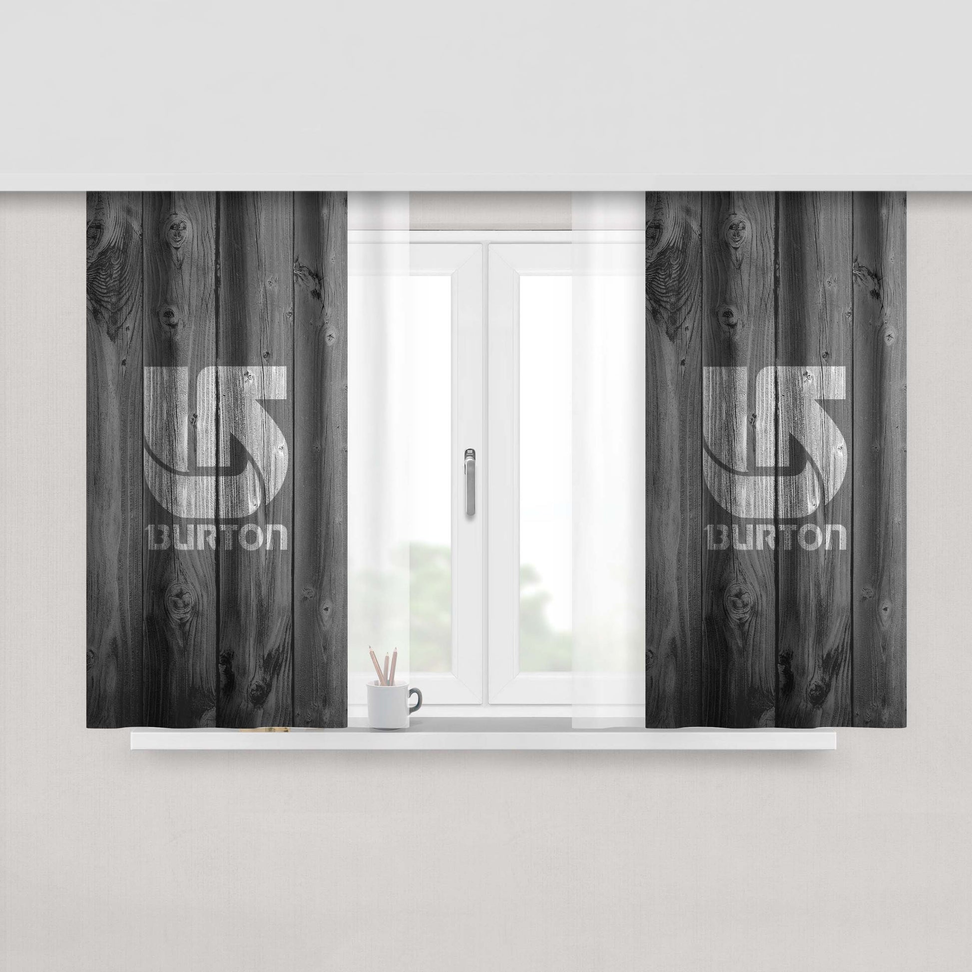 Burton Snowboard Logo Dark Wood Wallpaper Peach Skin Window Curtains