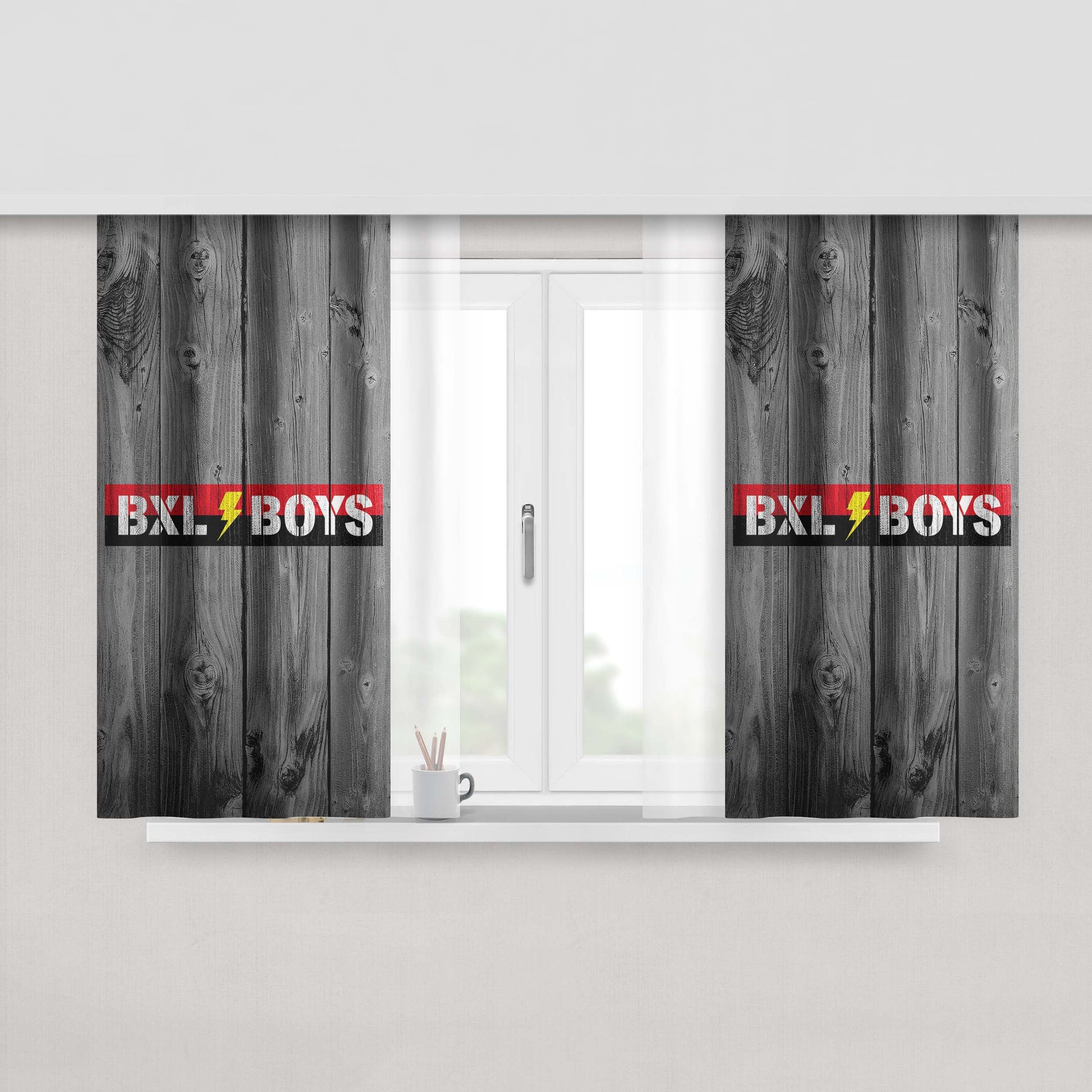 Bxl Boys Logo Dark Wood Wallpaper Peach Skin Window Curtains