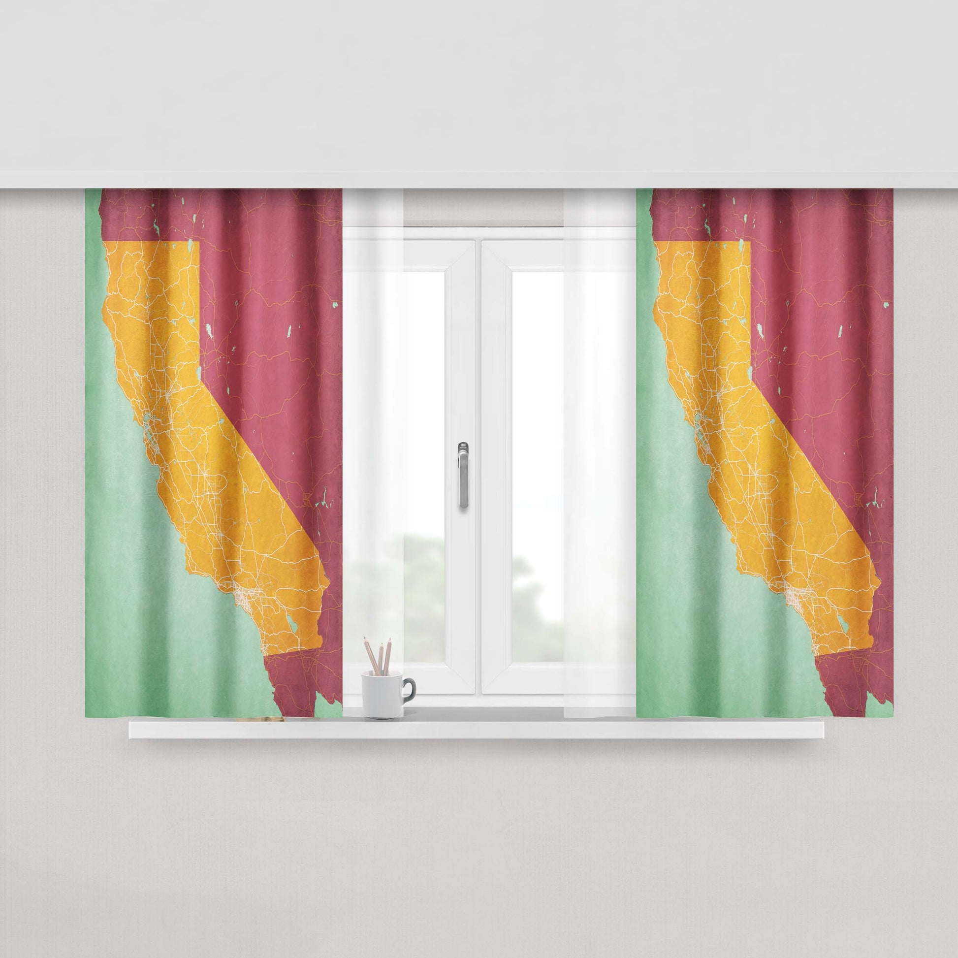 California Map Art Print Peach Skin Window Curtains