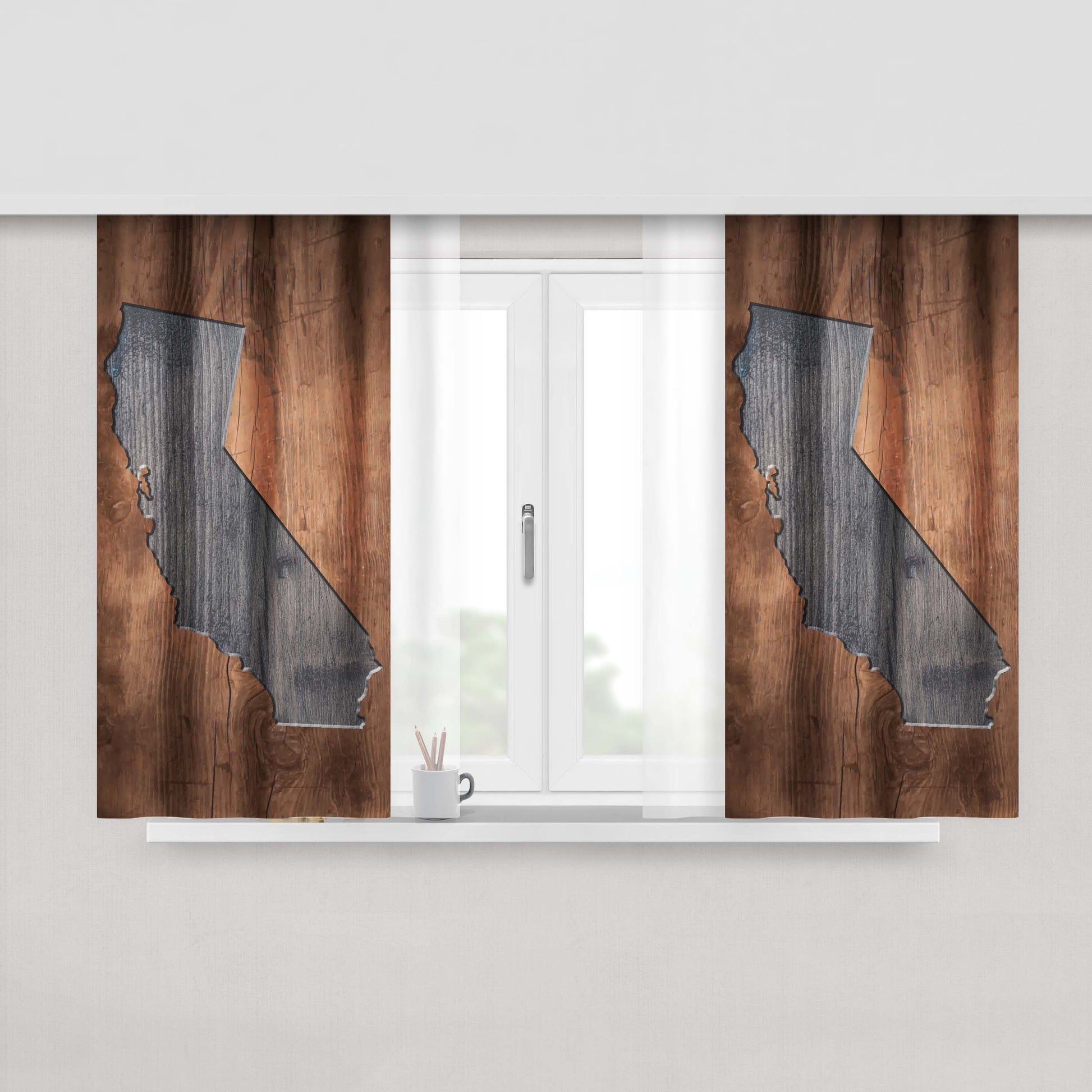 California States Map Two Tone Wood Texture Peach Skin Window Curtains