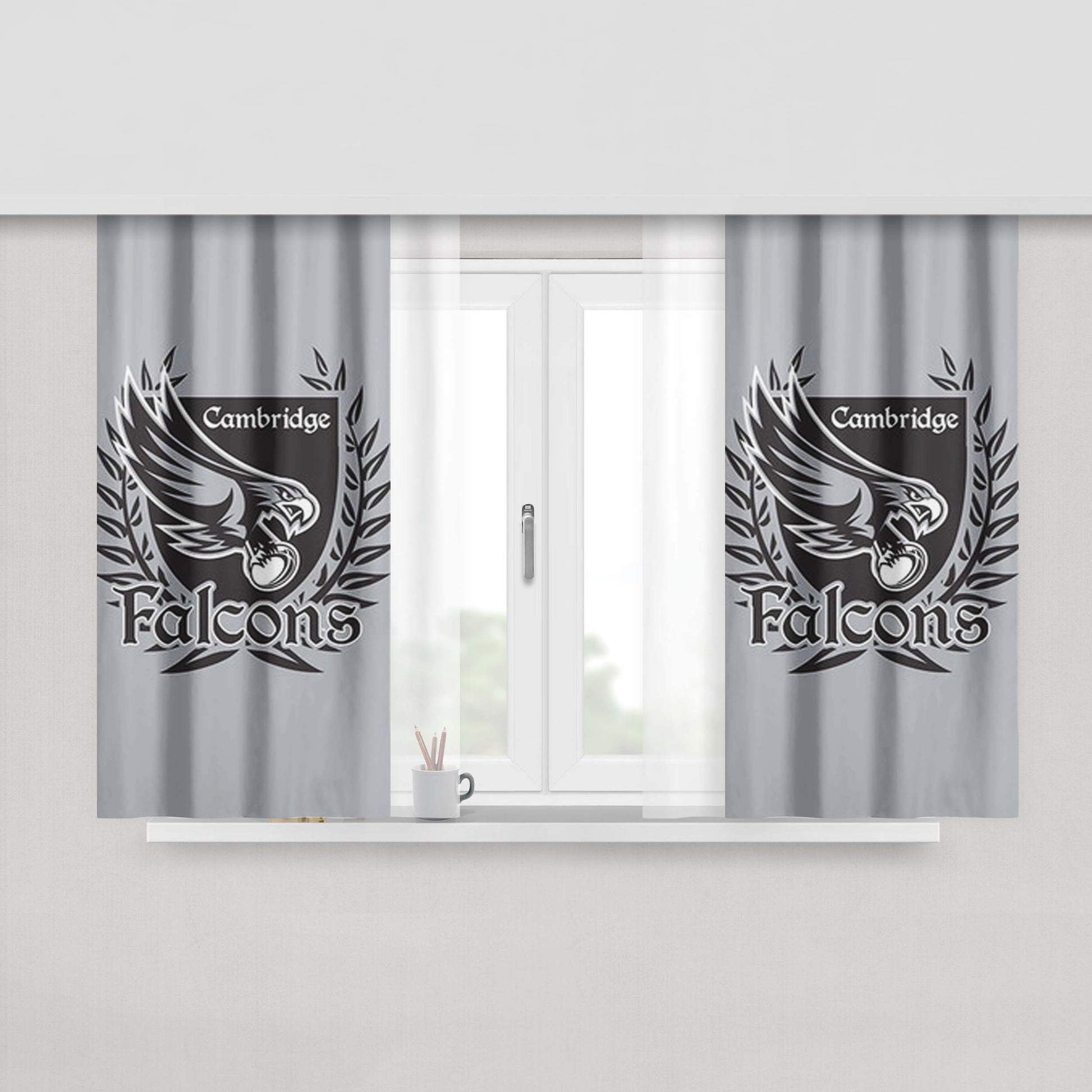 Cambridge Falcons Logo Silver Peach Skin Window Curtains