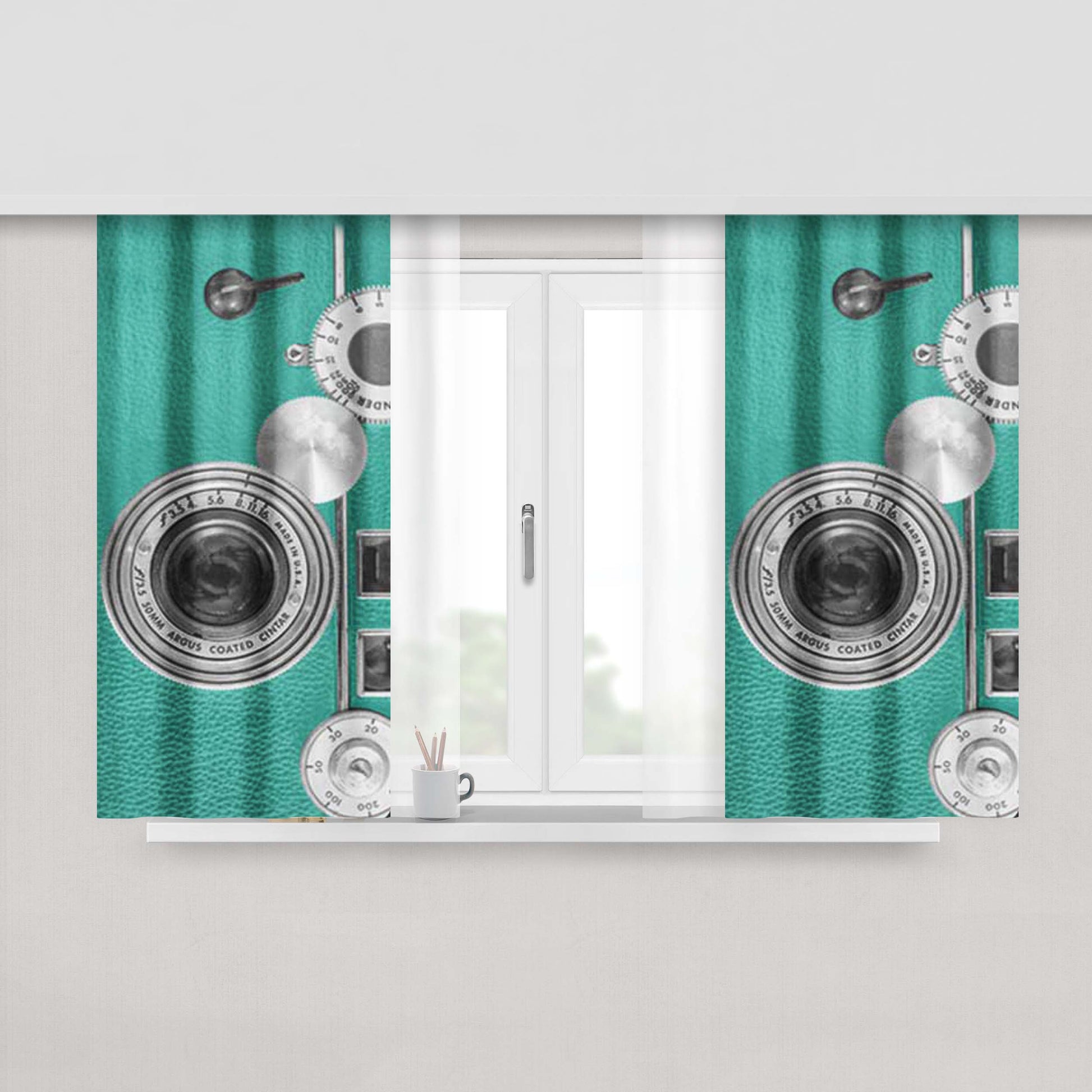 Camera Vintage Teal Peach Skin Window Curtains