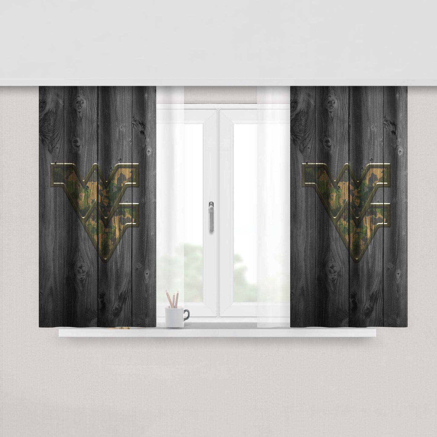 Camo West Virginia Logo Dark Wood Wallpaper Peach Skin Window Curtains