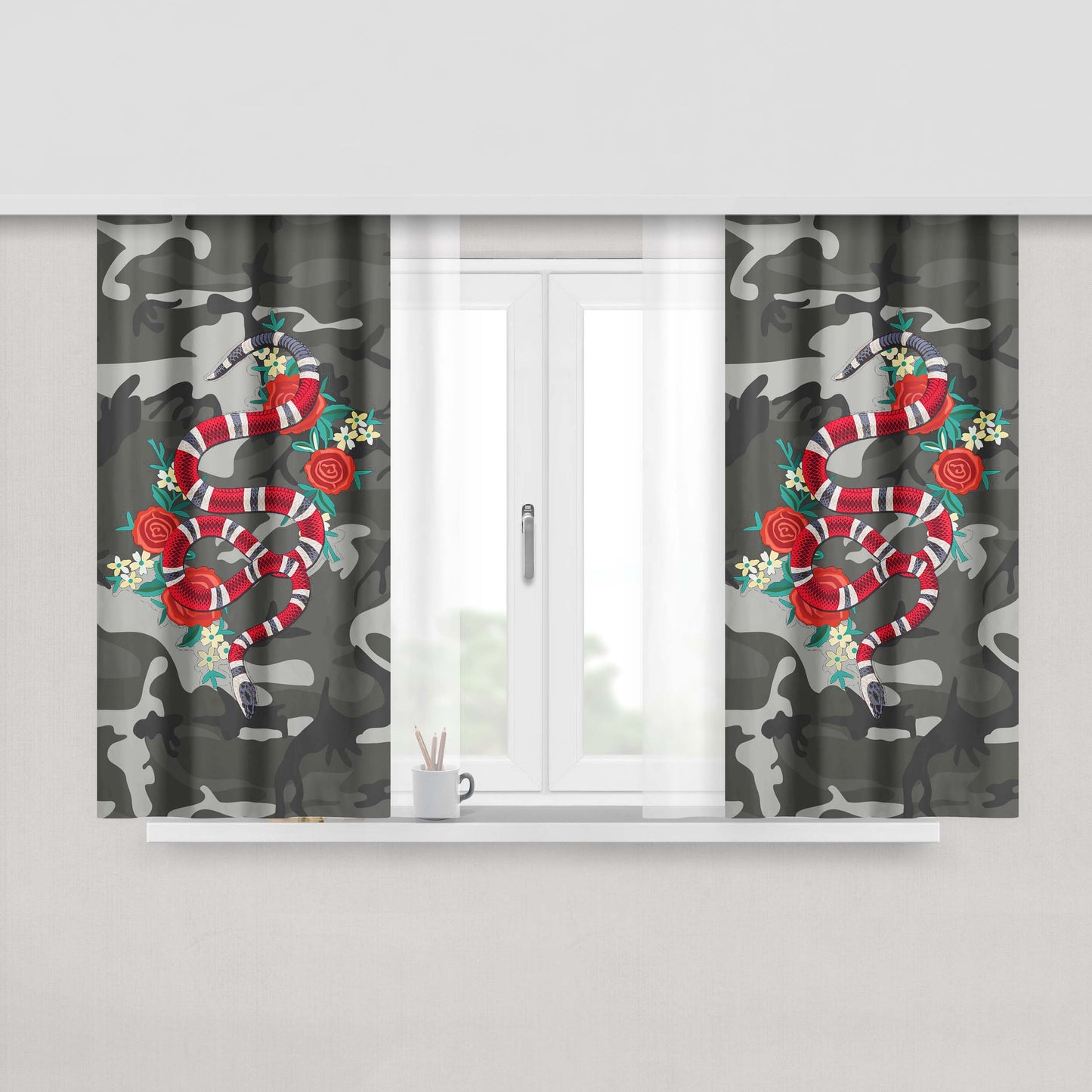 Camouflage Snake Design Peach Skin Window Curtains