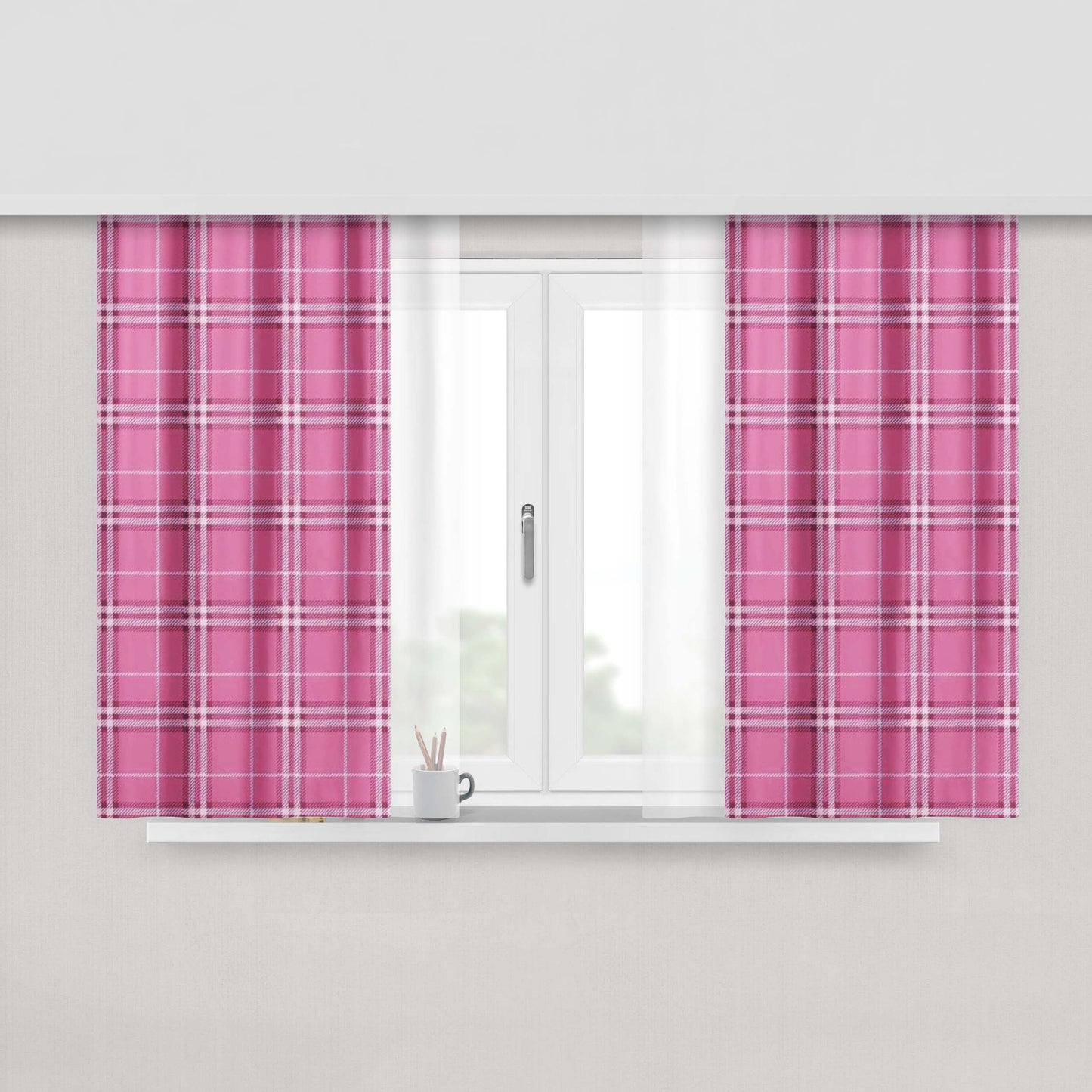 Candy Pink Grid Peach Skin Window Curtains