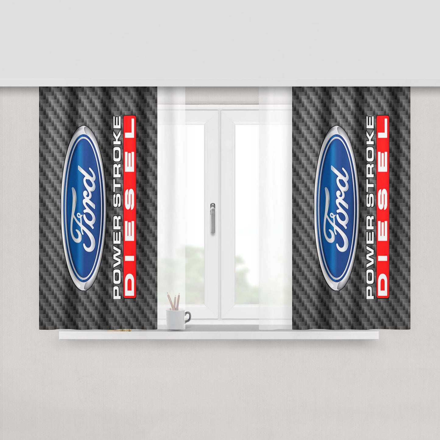 Carbon Ford Powerstroke Diesel Logo Peach Skin Window Curtains