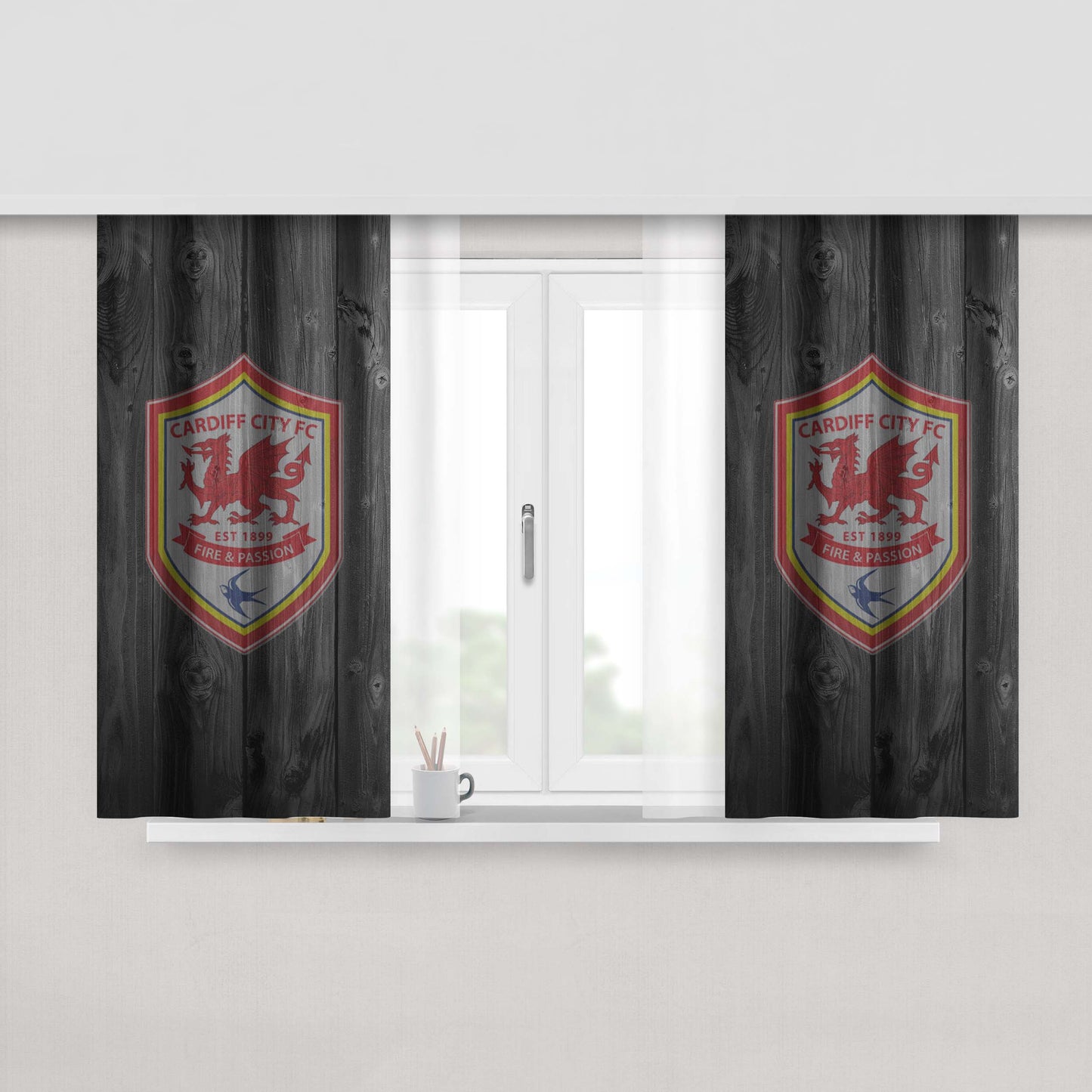 Cardiff City Fc 1899 Logo Dark Wood Wallpaper Peach Skin Window Curtains
