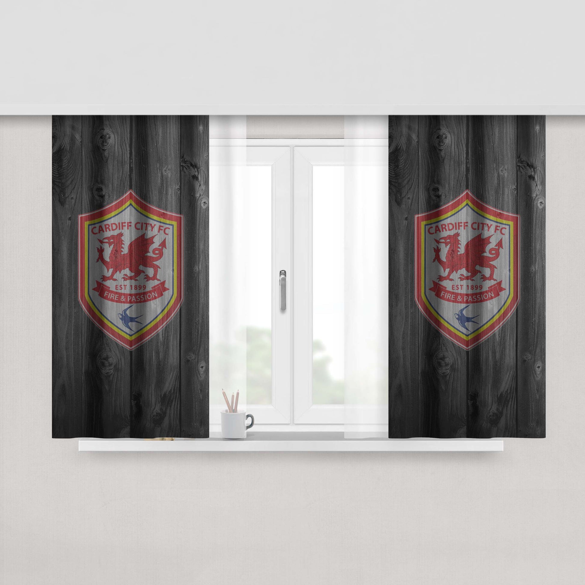 Cardiff City Fc 1899 Logo Dark Wood Wallpaper Peach Skin Window Curtains