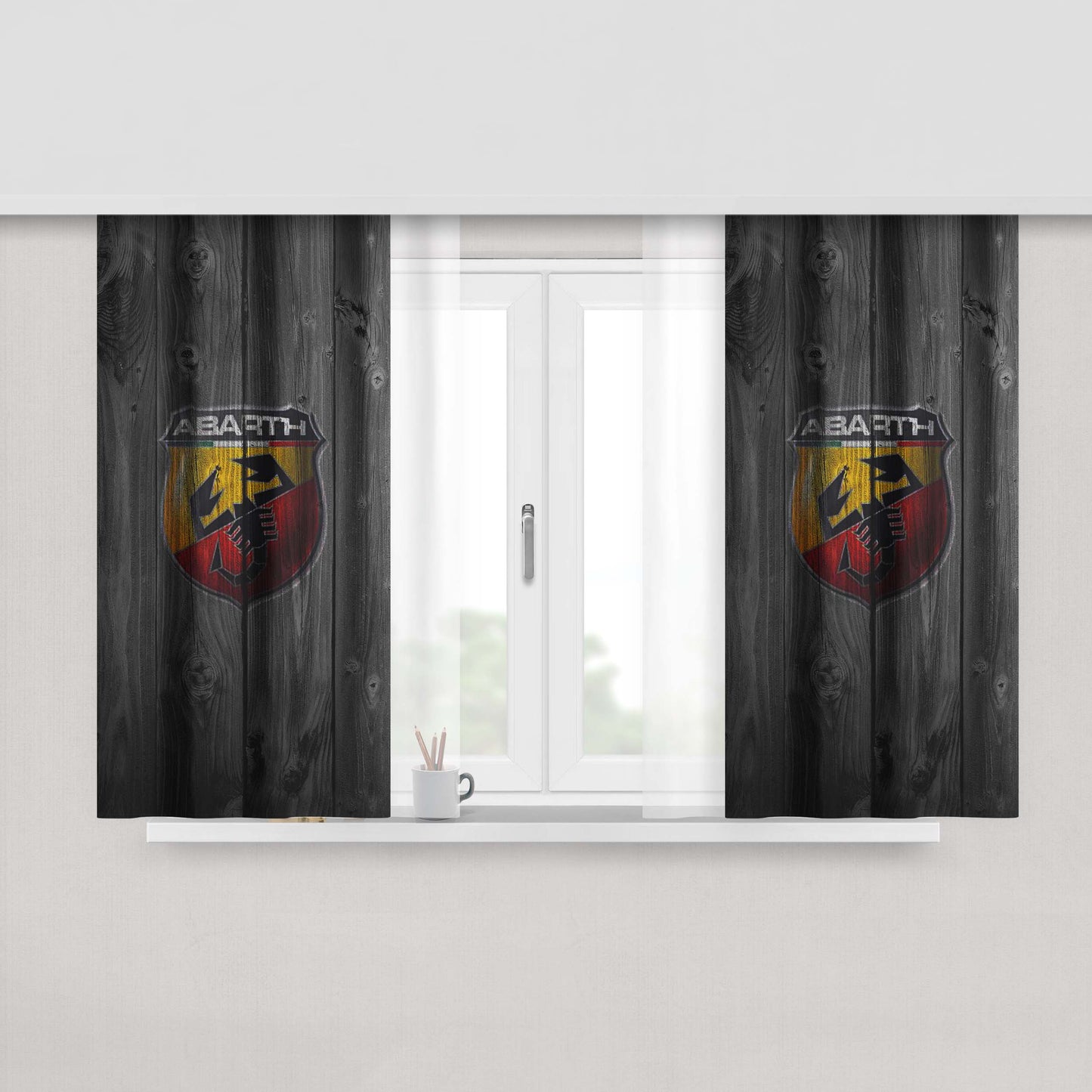 Carlo Abarth Car Logo Dark Wood Wallpaper Peach Skin Window Curtains