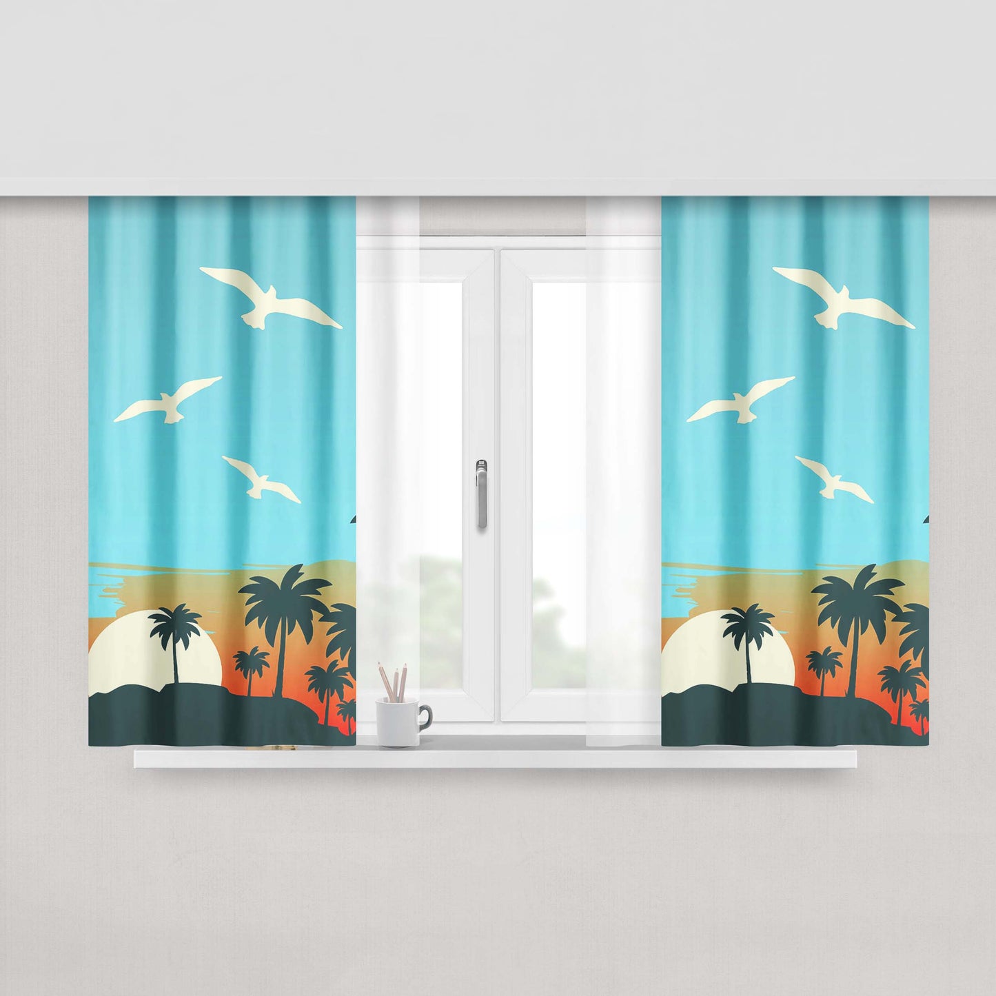 Cartoon Island Sunrise X Beach Peach Skin Window Curtains