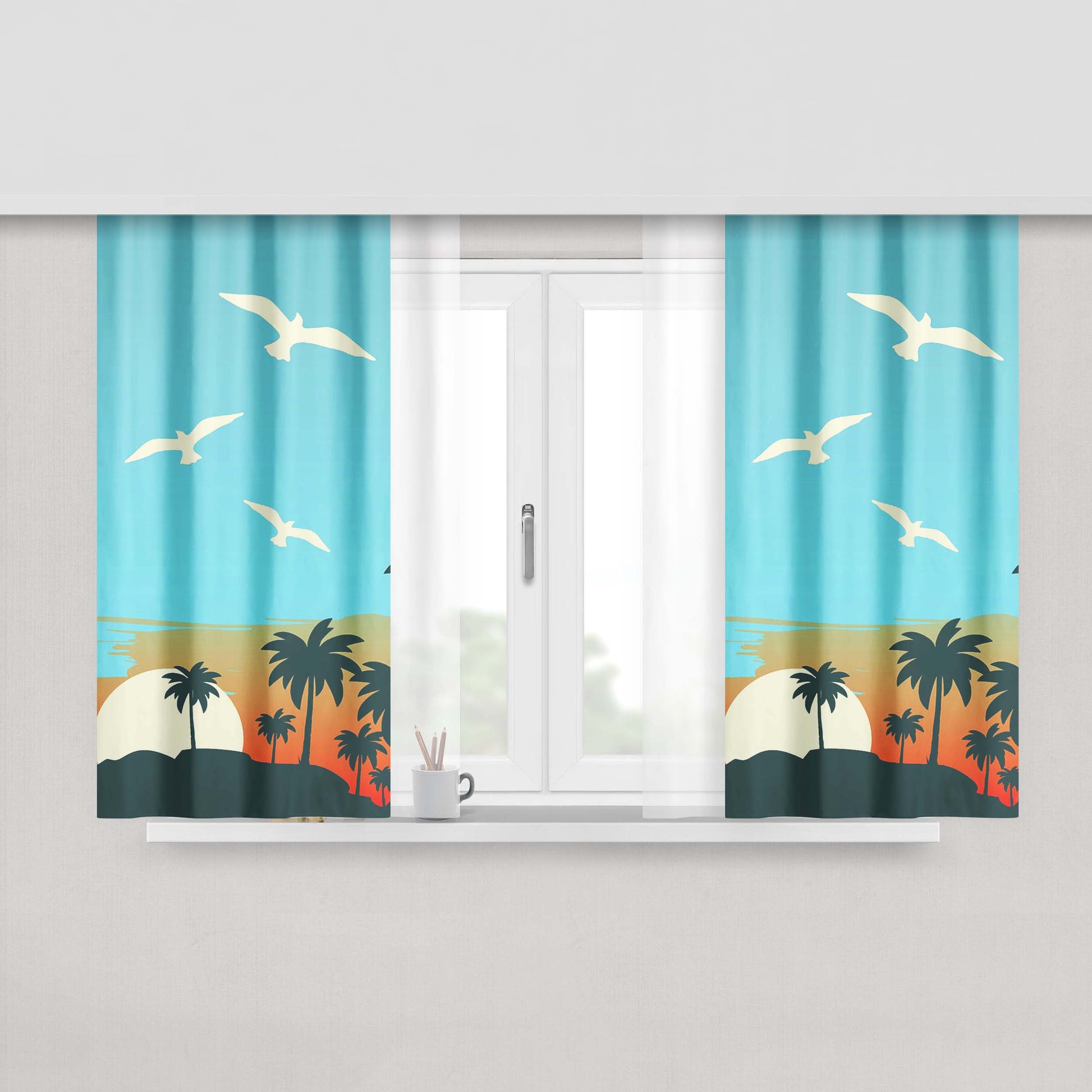Cartoon Island Sunrise X Beach Peach Skin Window Curtains