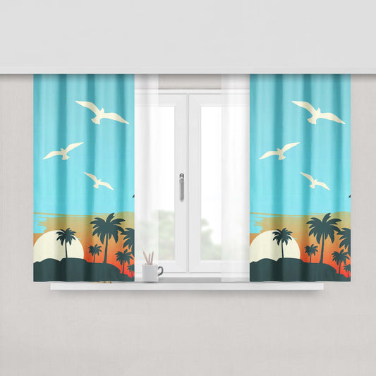 Cartoon Island Sunrise X Beach Peach Skin Window Curtains