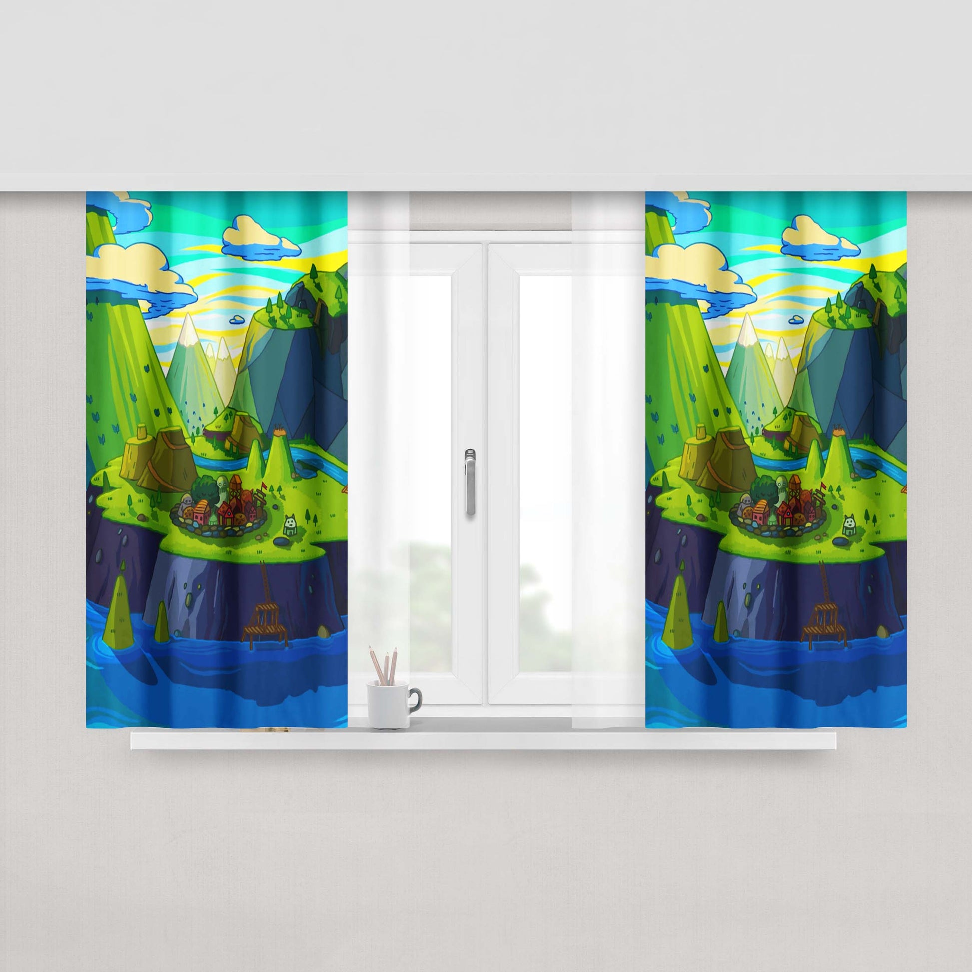 Cartoon Mountains Rivers Peach Skin Window Curtains