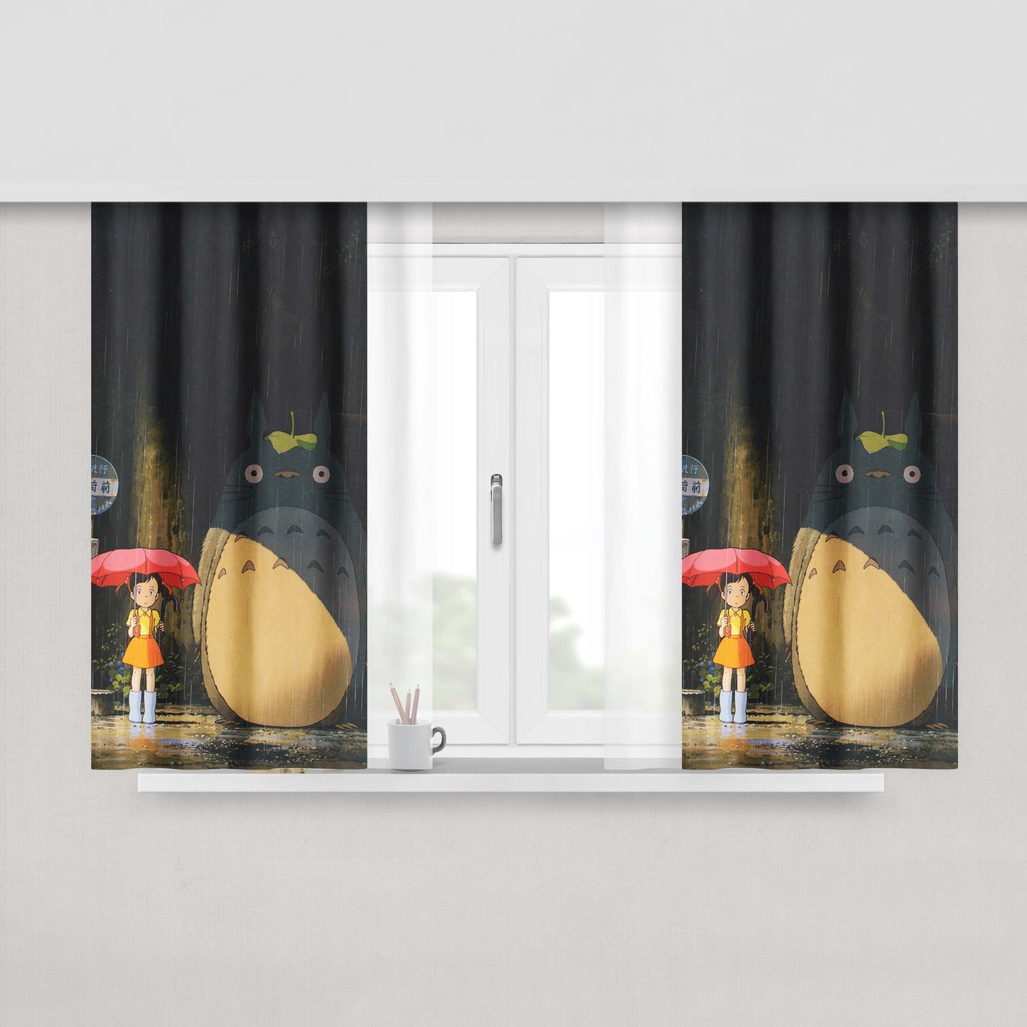 Cartoon Totoro Rain Peach Skin Window Curtains