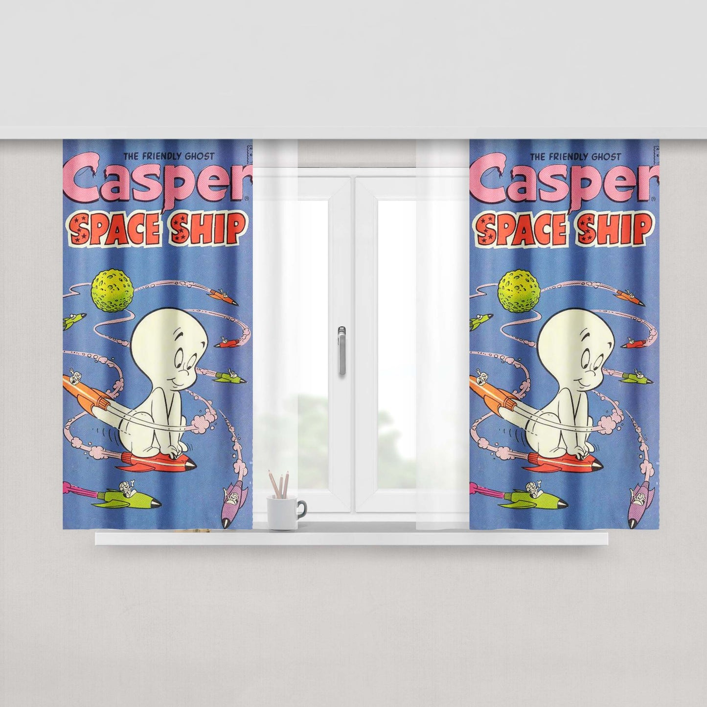 Casper Ghost Neigborhood Space Ship Peach Skin Window Curtains