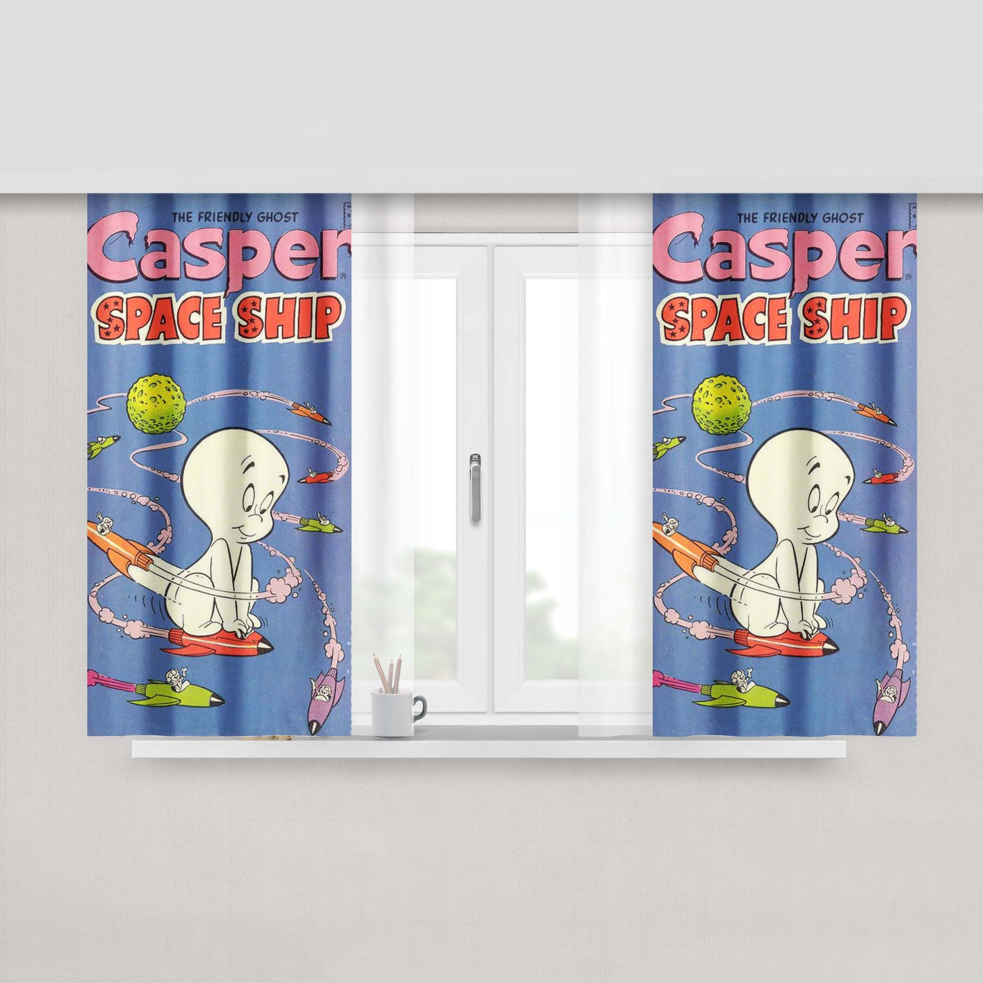 Casper Ghost Neigborhood Space Ship Peach Skin Window Curtains