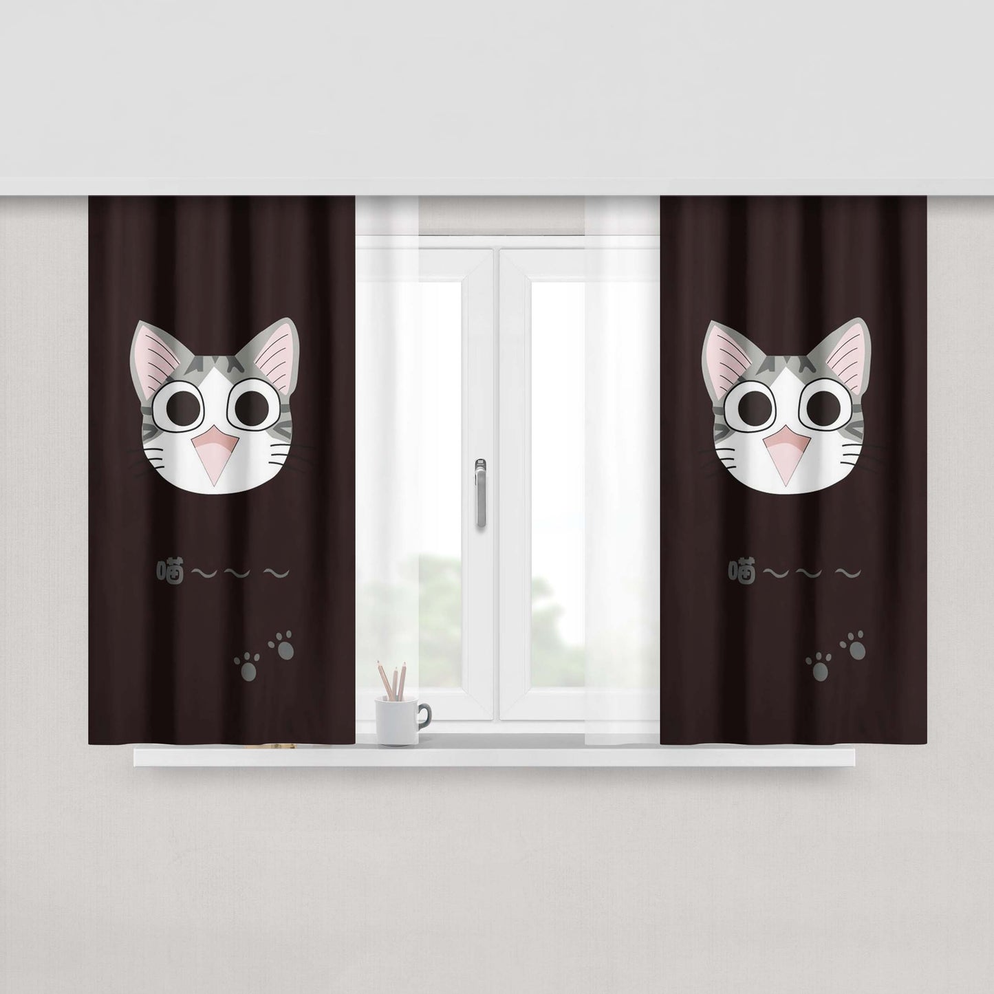 Cat Cartoon Peach Skin Window Curtains