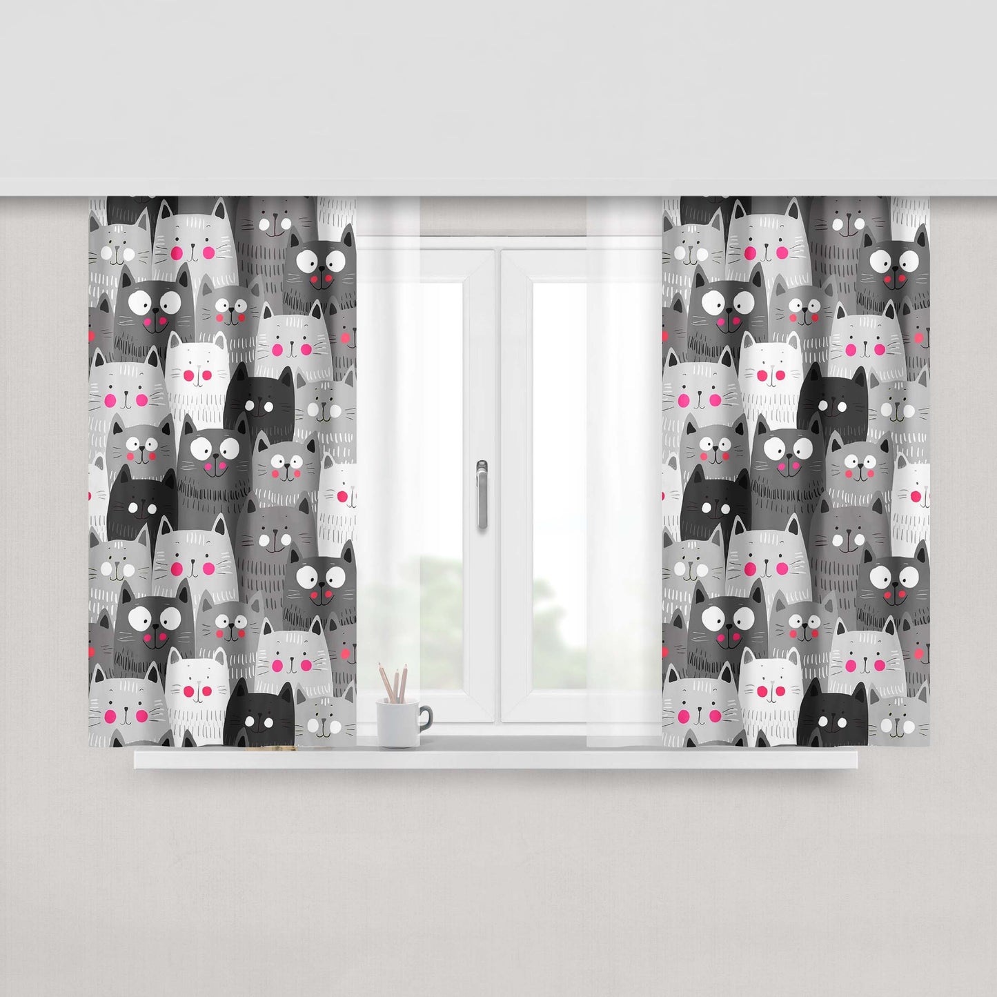 Cat Cute Doodle Gray Art Peach Skin Window Curtains