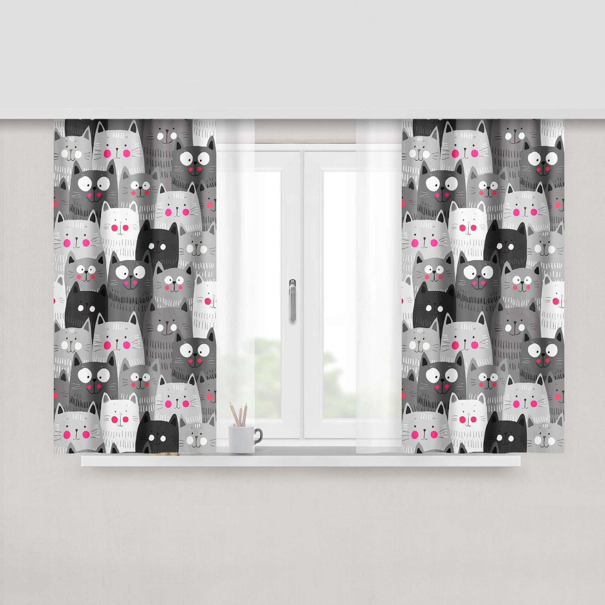 Cat Cute Doodle Gray Art Peach Skin Window Curtains