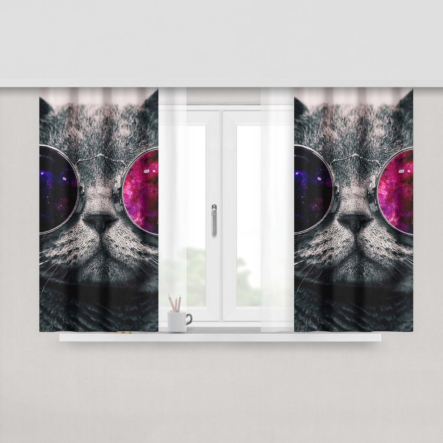 Cat Face Glasses Peach Skin Window Curtains