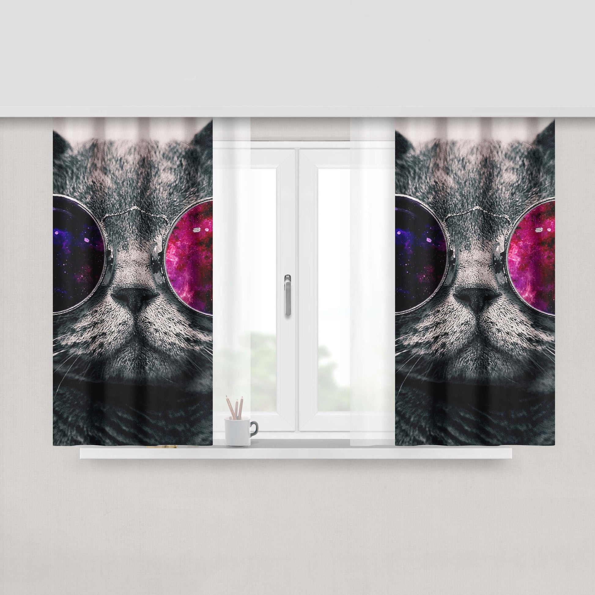 Cat Face Glasses Peach Skin Window Curtains