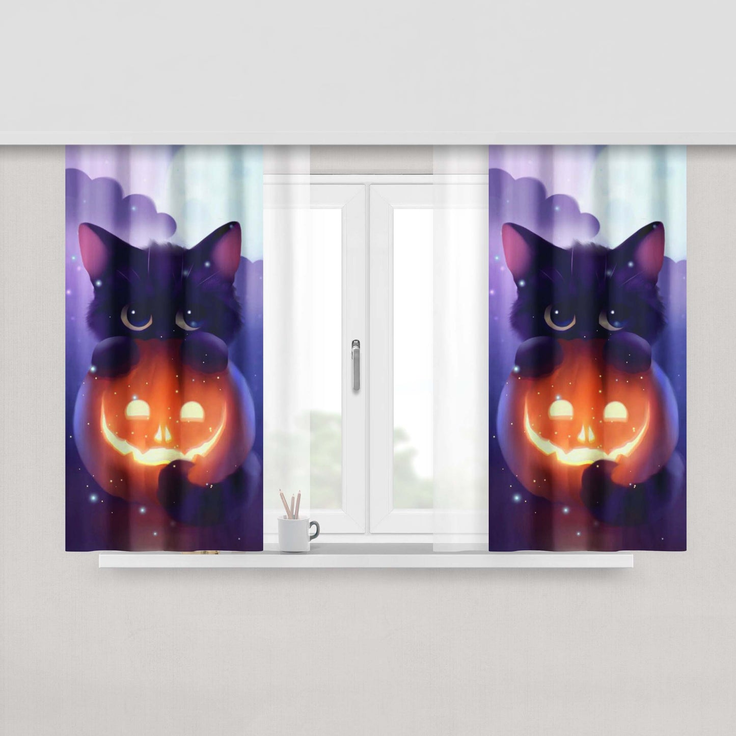 Cat Halloween Illustration Peach Skin Window Curtains