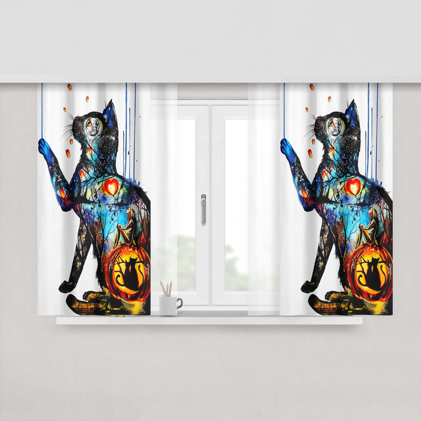 Cat Illustration Art Canvas Peach Skin Window Curtains