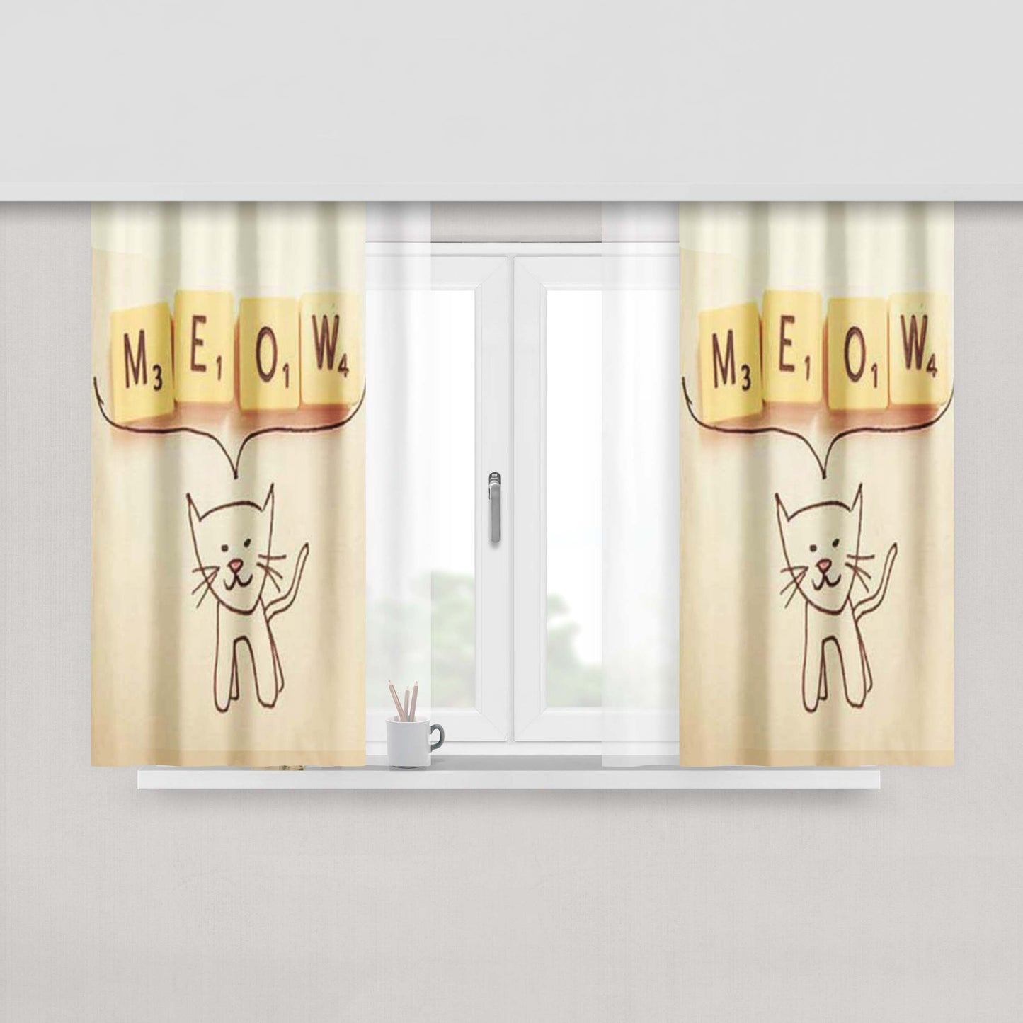 Cat Meow Scrabble Peach Skin Window Curtains