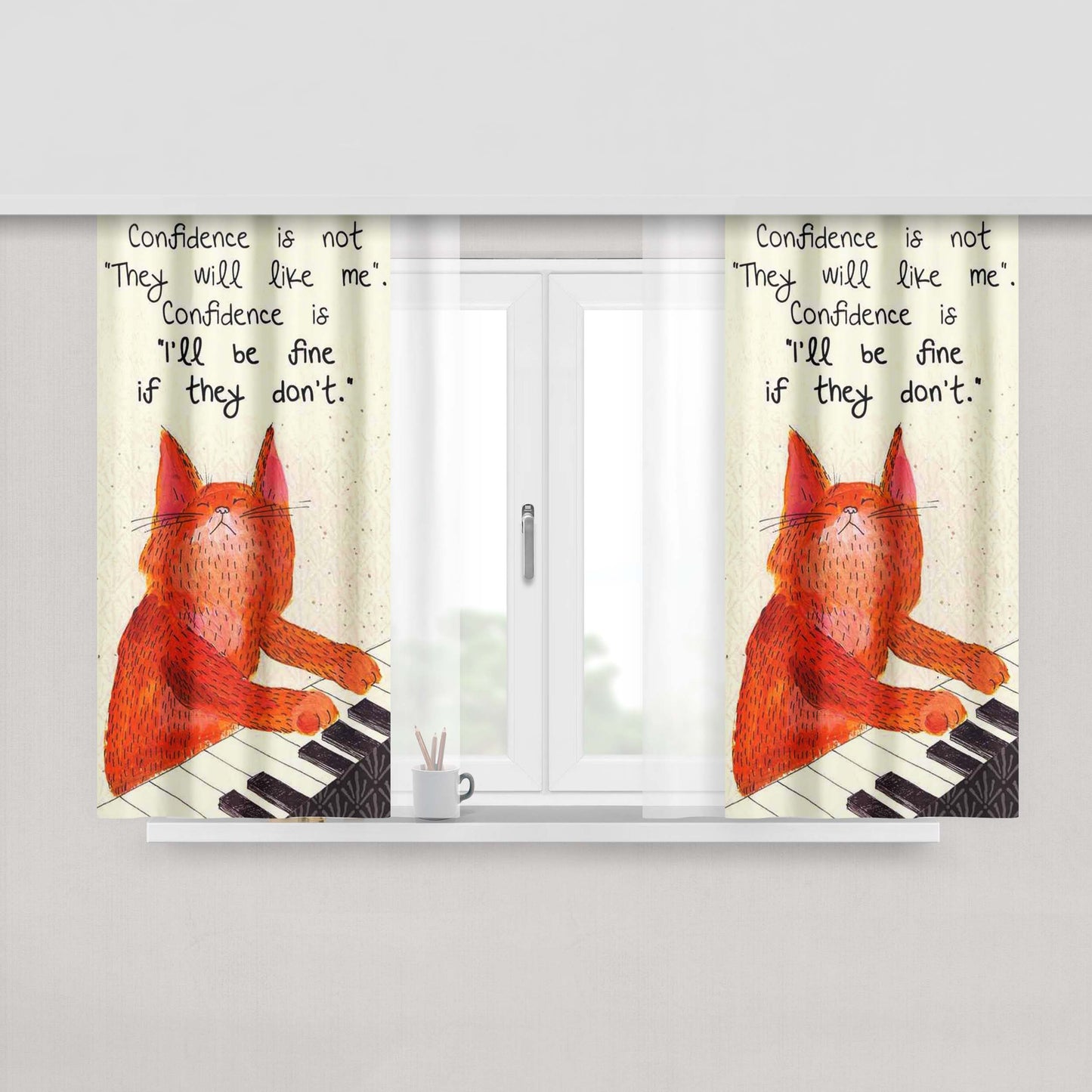 Cat Singing The Music Piano Peach Skin Window Curtains